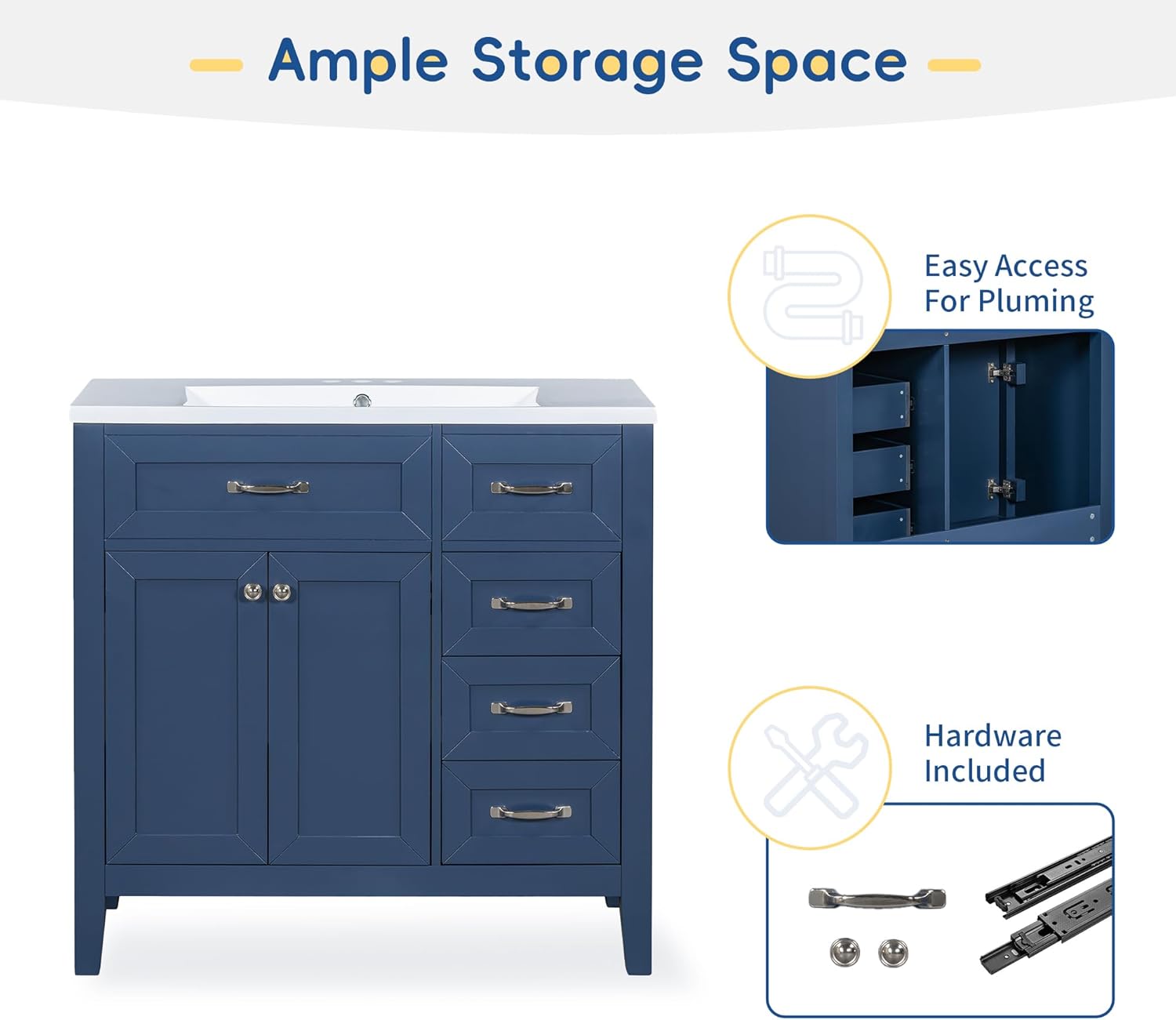 Merax 36" Bathroom Vanity Without Sink, Wood Under Sink Bathroom Cabinet with 3 Drawers,2 Doors,Modern Pedestal Sink Bathroom Vanity Cabinet Blue