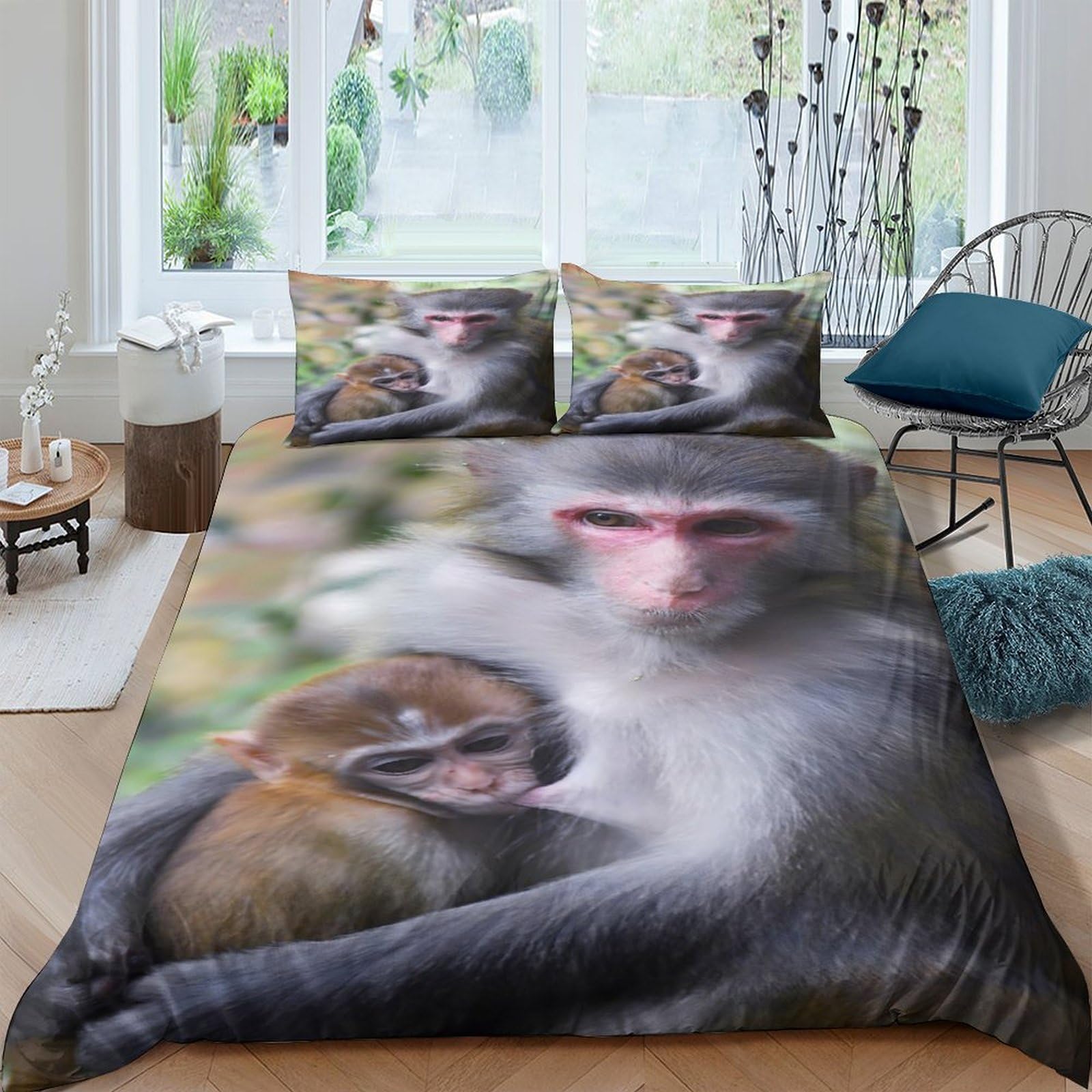 Housse de Couette Singe 3D Microfibre 140x200cm pour Lit Simple