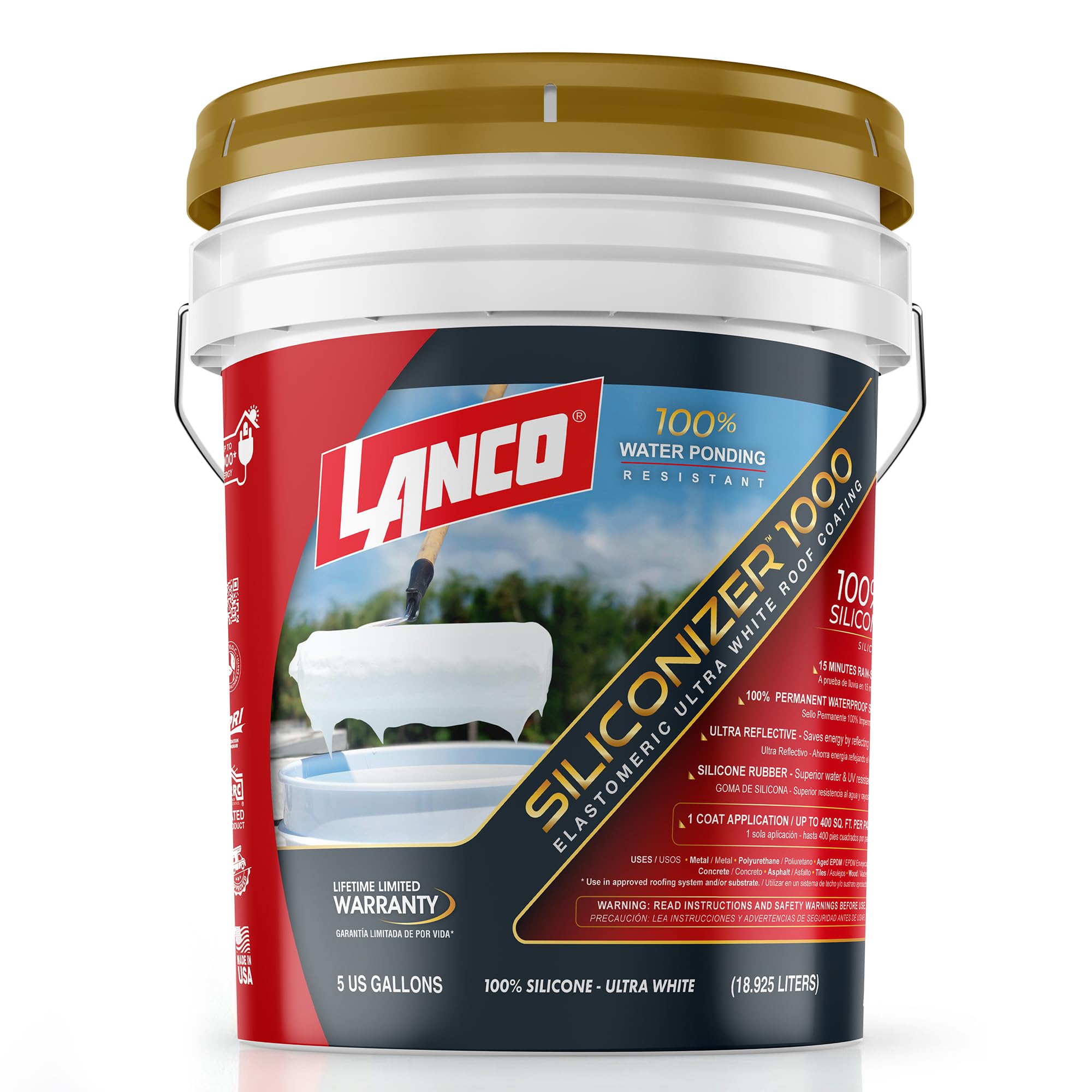 Lanco Siliconizer 1000 White Roof Coating, 5 Gallon – Ponding Water Resistant, Waterproof Roof Sealant for Flat, Metal, RV & Sloped Roofs