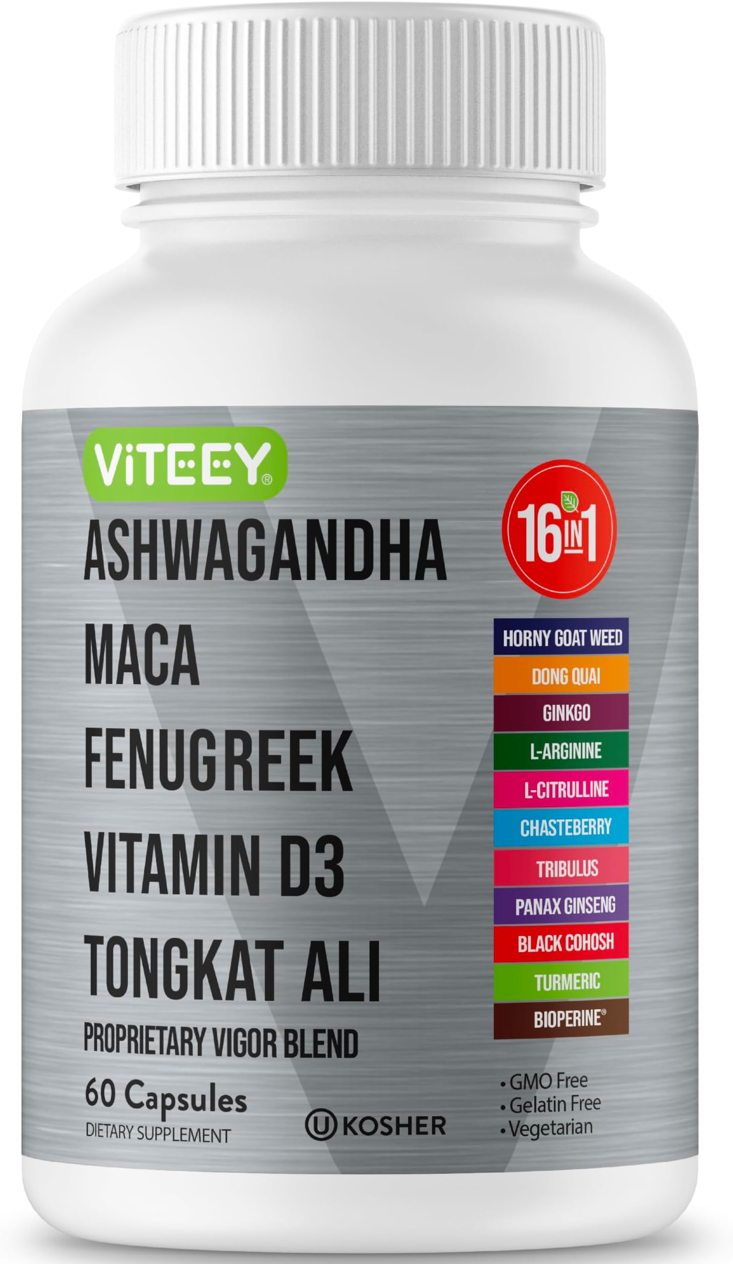 Viteey Ashwagandha Maca Fenugreek Supplement with Tongkat Ali - 60 Capsules | Drive, Passion & Energy Support for Men & Women โ Mood, Calm & Stress Support