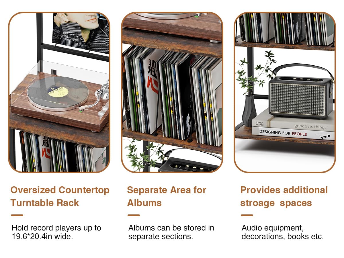 Mobile Giradischi e Porta Vinili a 5 Livelli, Porta Dischi Vinile, Vinili da Parete a 2 Livelli, Mobile per Giradischi e Vinili Archiviazione fino a 200 Albums, Cds