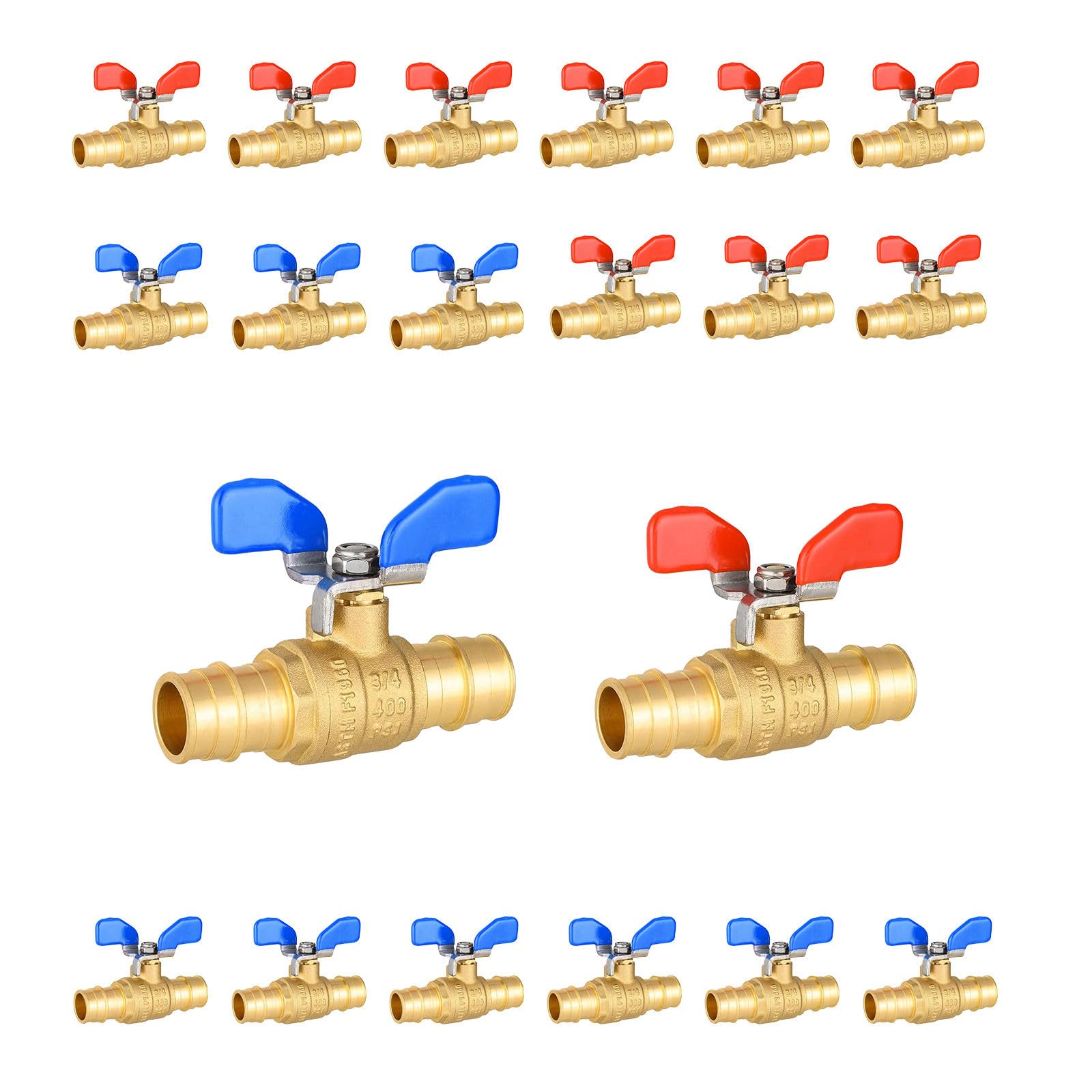 Valvola a sfera di espansione PEX-A, in ottone, 1,9 cm, valvola di intercettazione con maniglia a farfalla, per acqua portatile, 20 pezzi, blu e rosso