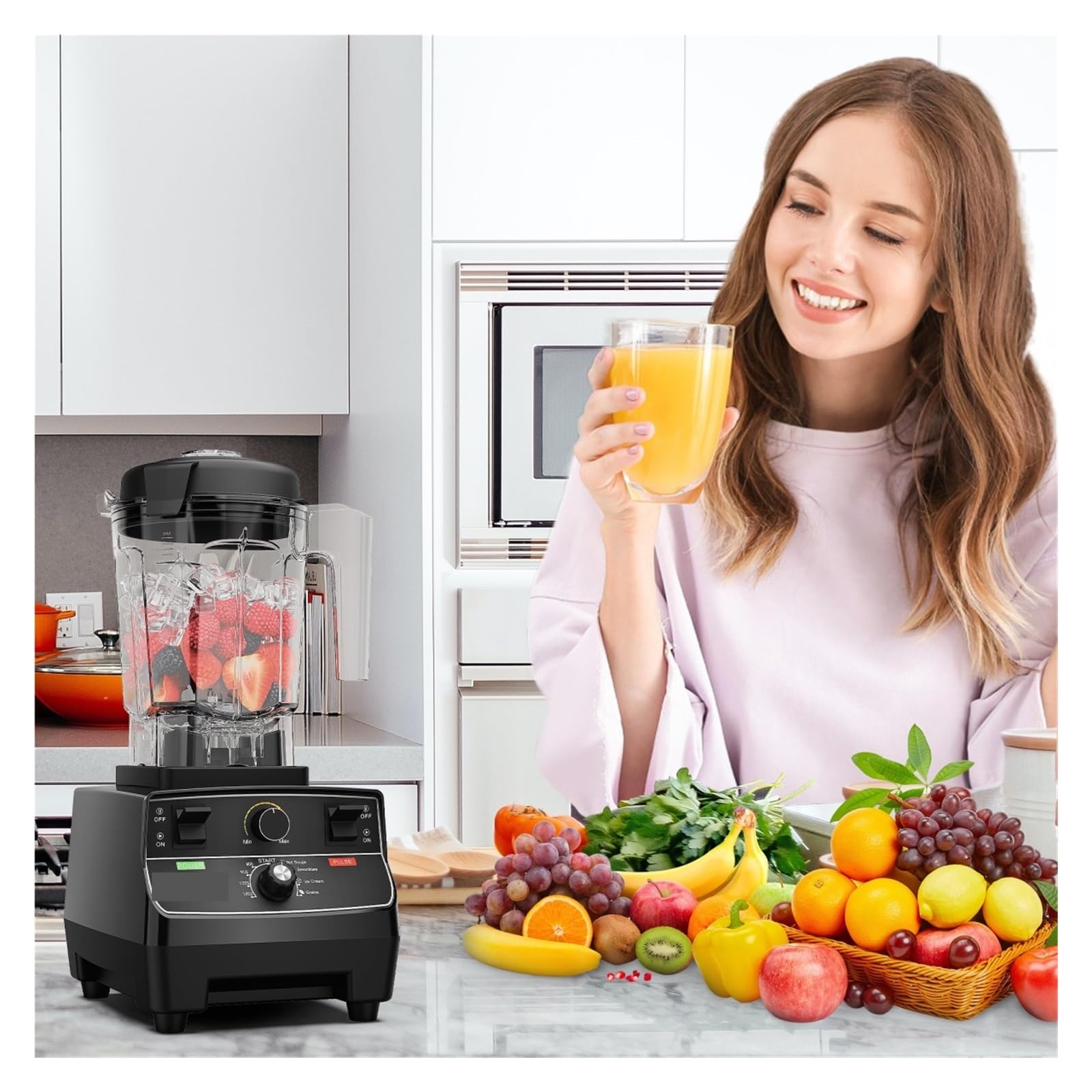 Frullatore Professionale Pre-programmato Con Timer Intelligente Da 3 Pezzi 2200 W, Barattolo Rotondo 2 L, Spremiagrumi, Robot Cucina, Tritaghiaccio For Frullati Frullare Rapido Efficiente