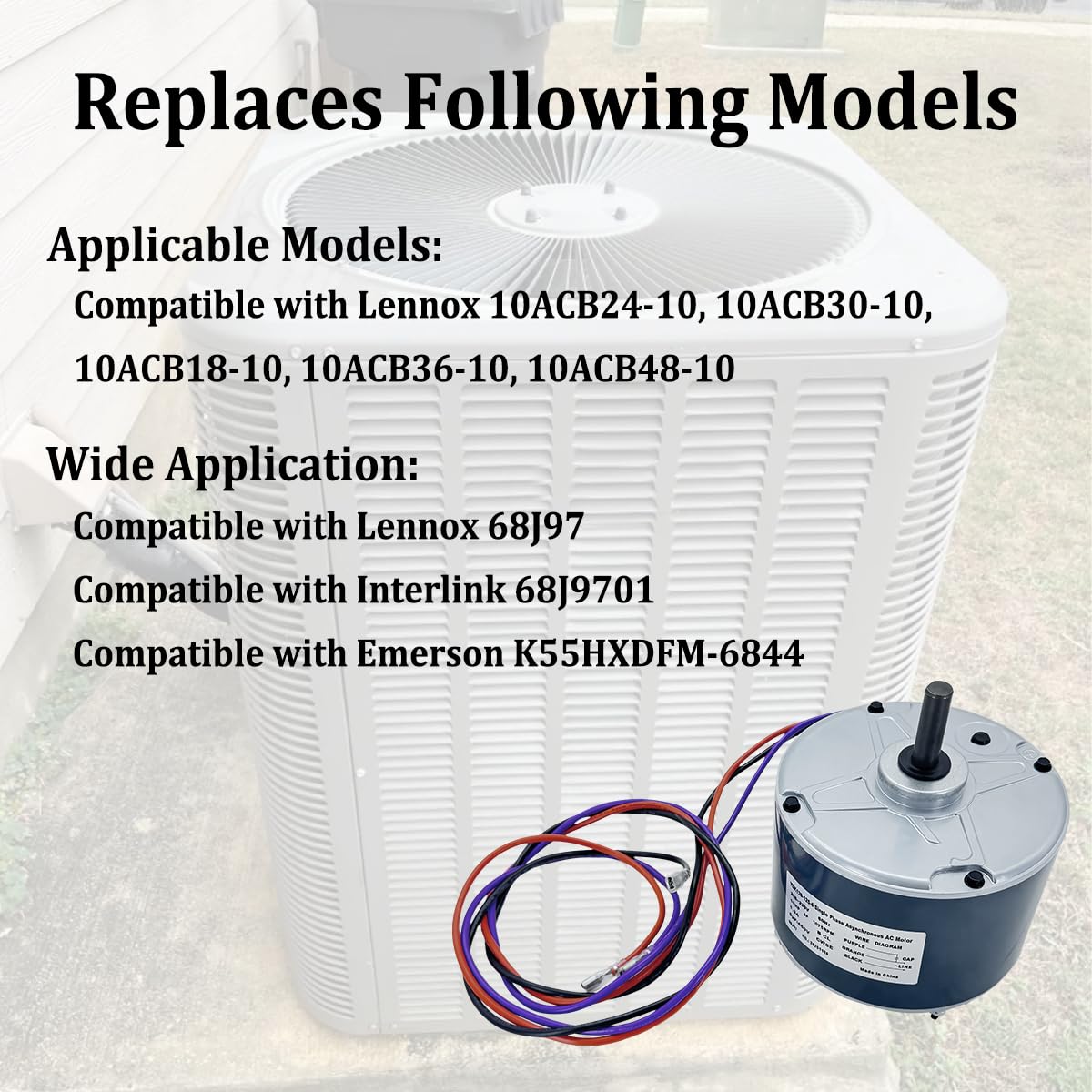 68J97 Condenser Fan Motor Compatible with Lennox 10ACB24-10 10ACB30-10 10ACB18-10 10ACB36-10 10ACB48-10, for Emerson K55HXDFM-6844, 1/6 HP 208-230V 1PH 60HZ 1075RPM