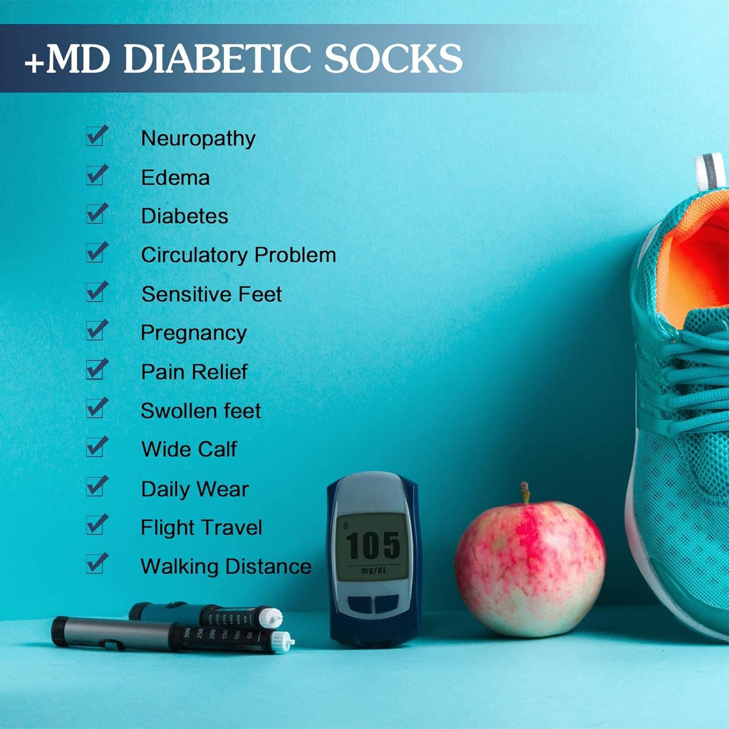 +MD Non-Binding Diabetic Socks for Men Women-6 Pairs Medical Circulatory Crew Socks with Cushion Sole White 9-11