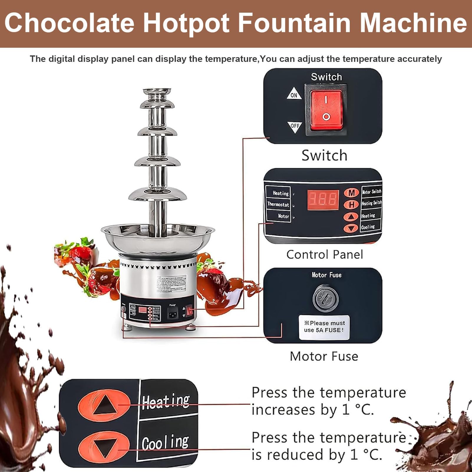 Machine à Fondue au Chocolat Professionnelle avec température réglable, Fait Fondre Chocolat, Bonbons, Beurre, Fromage, idéale pour Les fêtes, Mariages et Anniversaires. 6layers