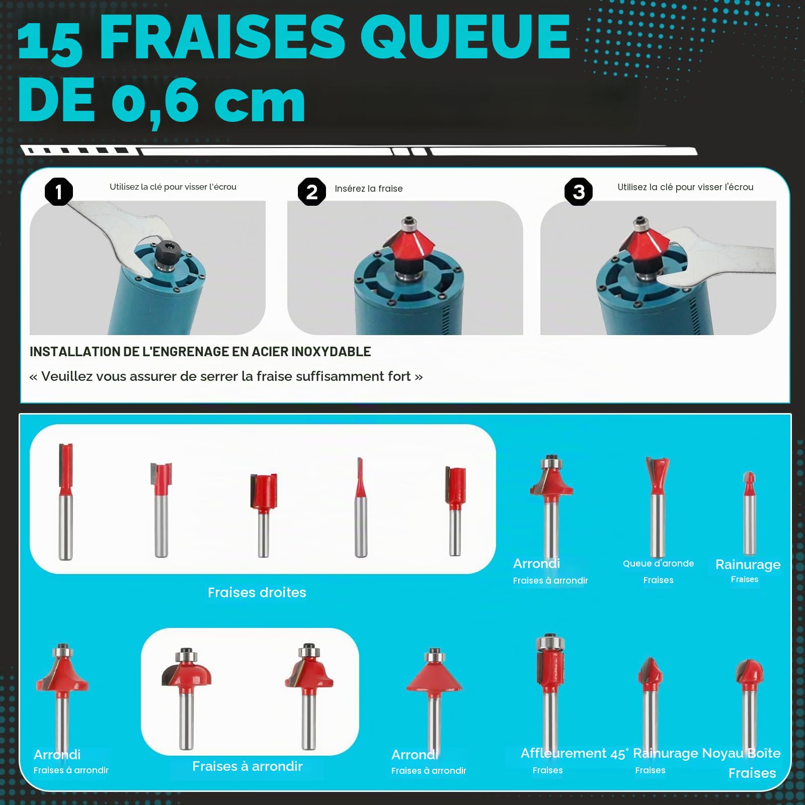 Fraiseuse sans fil compatible avec batterie Makita 18 V, 850 W, 30 000 tr/min, tailleuse de bois sans balais à 6 vitesses pour le travail du bois avec 15 pièces de fraises de 1/4" (sans batterie)