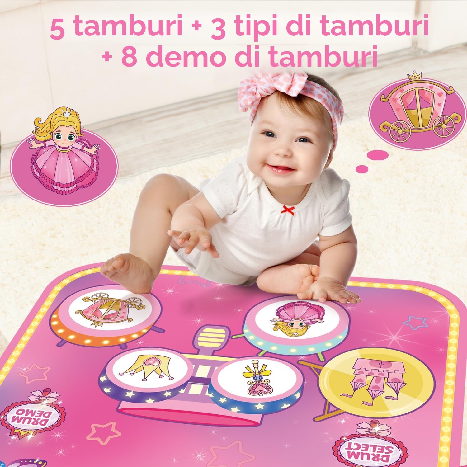 Lobyoh Giocattoli per Bambini di 1 Anno, Tappeto Musicale 2 in 1 con Pianoforte e Tamburo per Bambini, Tappeto Sonoro Regalo Principessa per Ragazze di 1 2 3 4 5 Anni