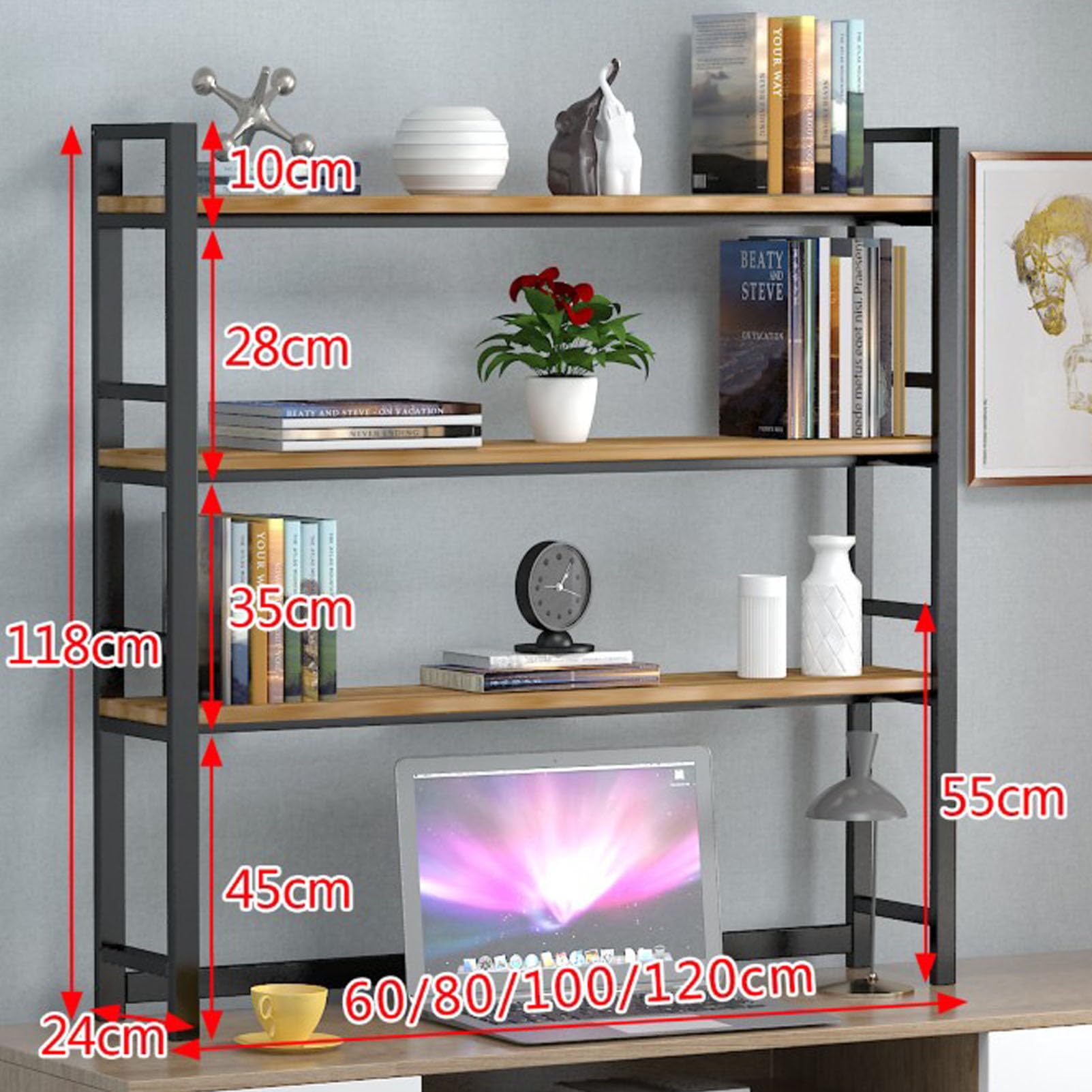 Emkin 3-poziomowy regał na książki, do domowego biura, czarno-biały, 60 cm, regał ekspozycyjny, rozwiązanie do przechowywania na blacie, biurko komputerowe, oszczędność miejsca