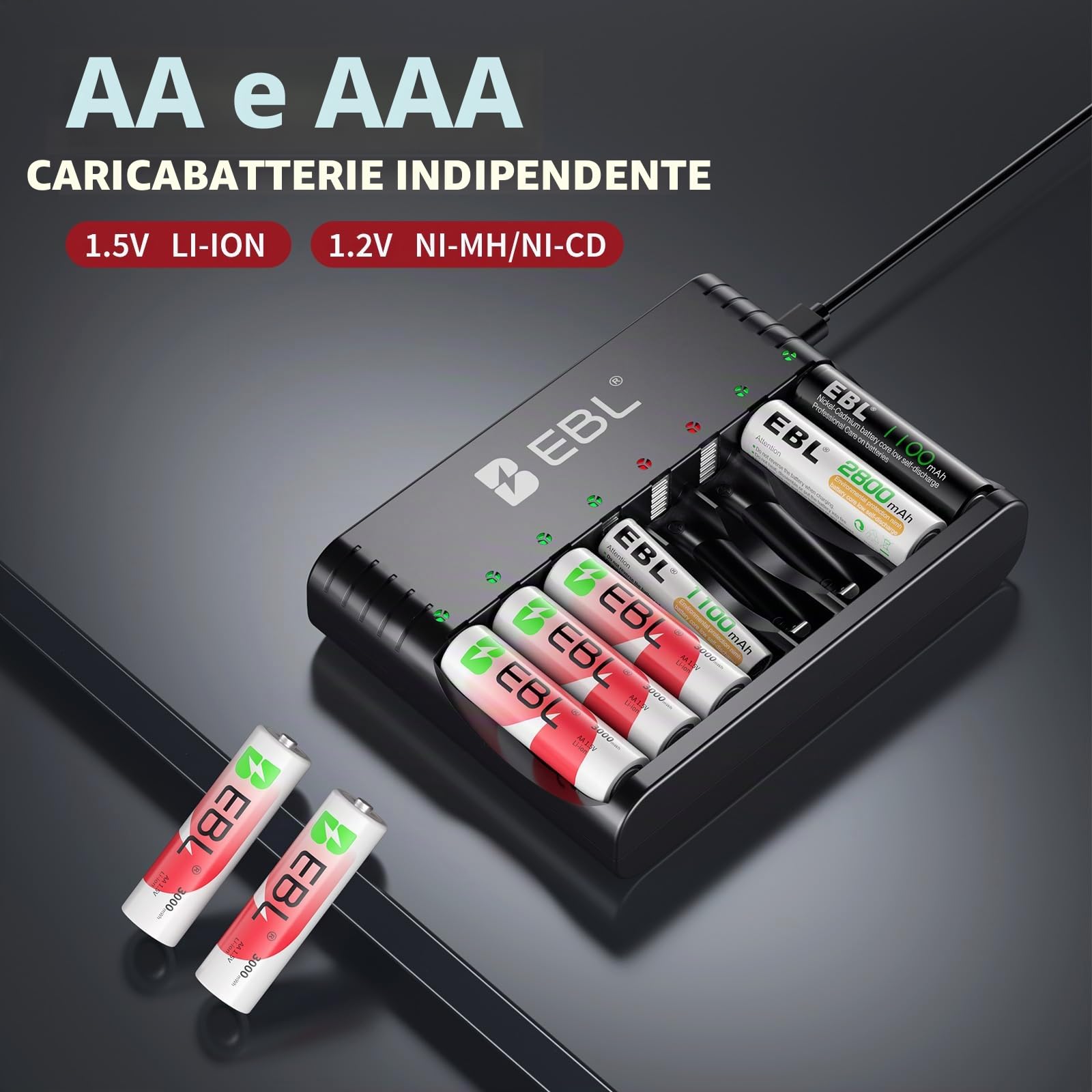 EBL Caricatore di Batterie Ricaricabili, Caricatore Universale per Batterie 1,5V Li-ION e 1,2V NiMH Ricaricabili, + 8PCS Batterie AA Li-ION 1,5V, 1600+ Cicli di Carica