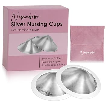 NISXABEBE The Original Silver Nursing Cups with Silicone Ring,Nipple Shields for Nursing Newborn,Breastfeeding Must Haves for Soothe and Protect Your Nursing Nipples,Trilaminate 999 SilverX-Large