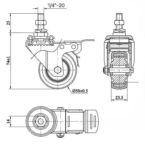 Miniatura 6 de Finnhomy Ruedas giratorias roscadas resistentes de 2 pulgadas, 14 a 20 x 1 pulgada con freno, juego de 4 para estantes de alambre, ruedas lisas