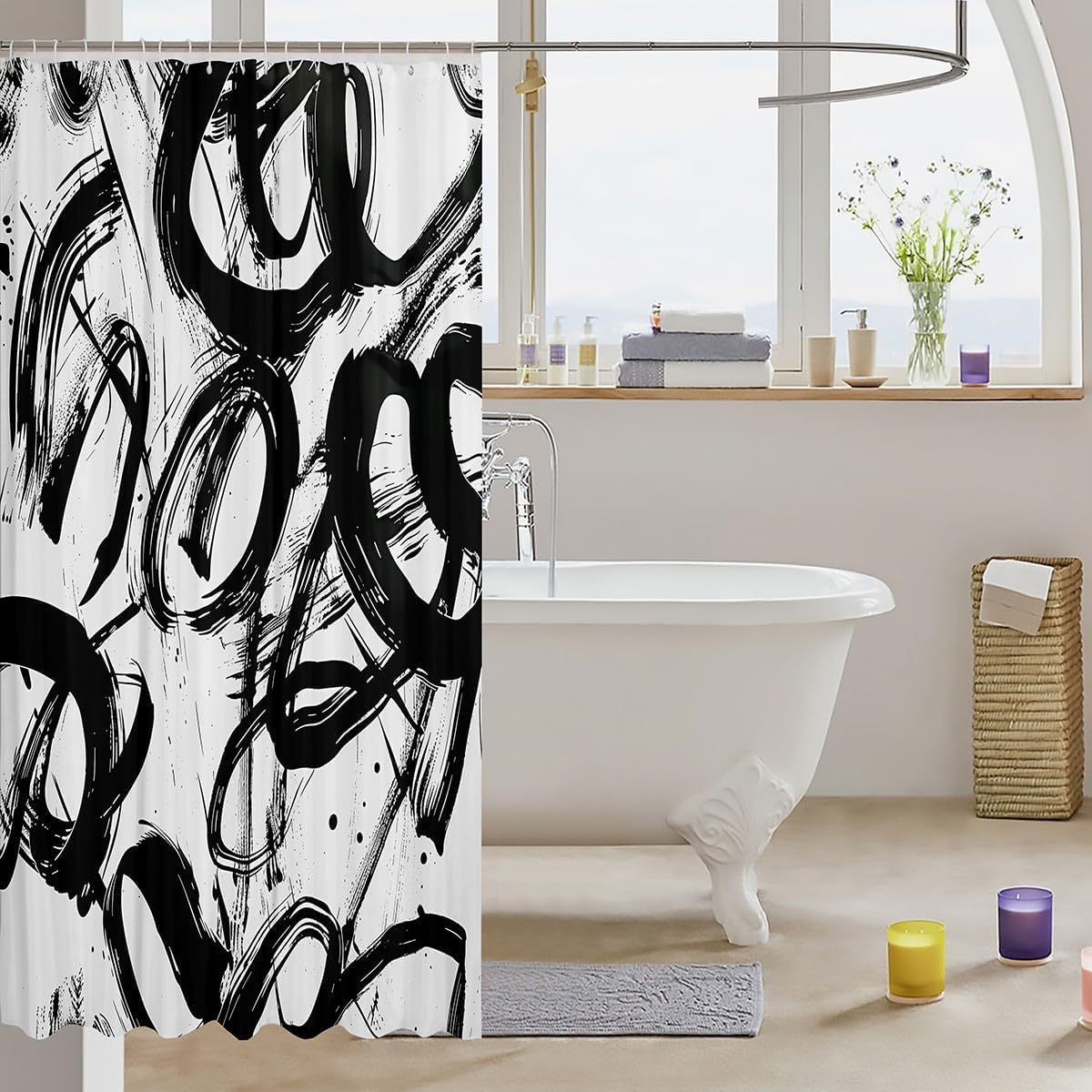 Schwarz Graffiti Duschvorhang 240 x 200 cm (B x H) Moderne Geometrie Duschvorhang Wasserdich Stoff Waschbar, Abstract Badezimmer Dekor für Dusche und Badewanne