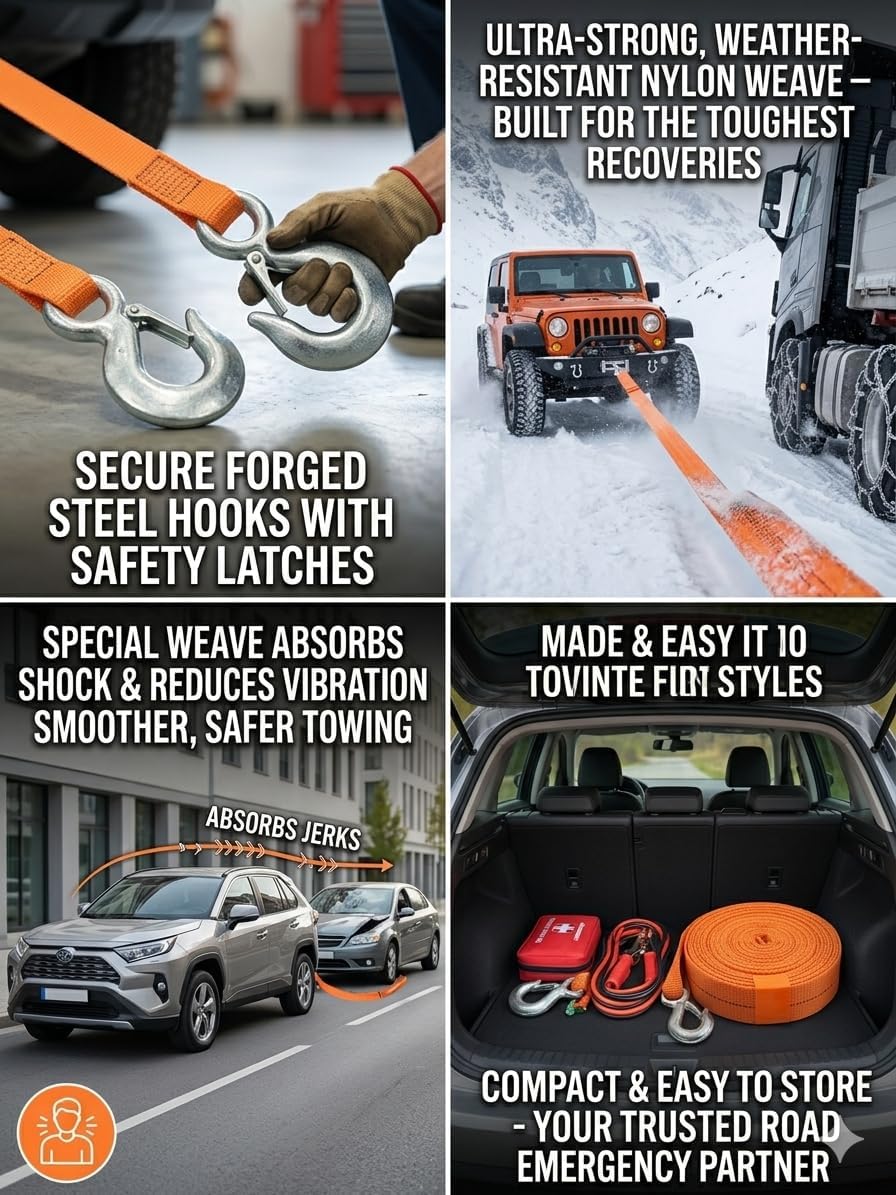 2" x 12' Tow Strap with Safety Hooks, 6,000 lb Capacity Heavy Duty Recovery Strap for Cars, Trucks & SUVs