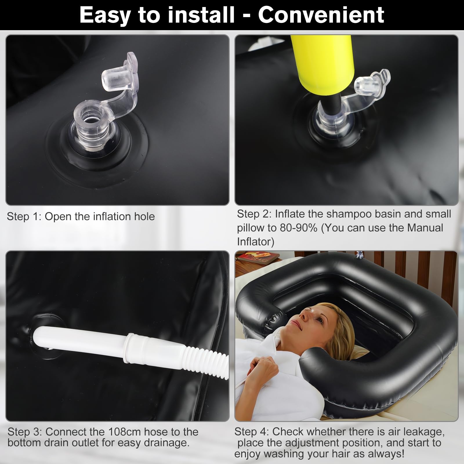 Aufblasbares Haarwaschbecken Für Bettlägerige,Haare Waschen Für Bettlägerige, Tragbares Aufblasbar Mobiles Waschbecken mit Ablaufschlauch, Friseur Shampoo Becken - 60 * 55 * 22cm Schwarz
