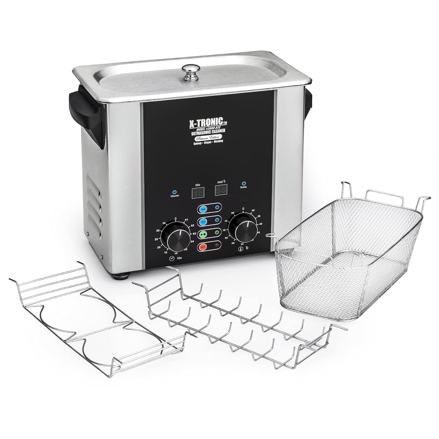 X-Tronic Model #2000-XTS 2.0 Liter Square Format "Platinum Edition" Commercial Ultrasonic Cleaner with Time/Temp LED Displays, Sweep & Degas Controls, S/S Cleaning Basket & Wire Rack Holder