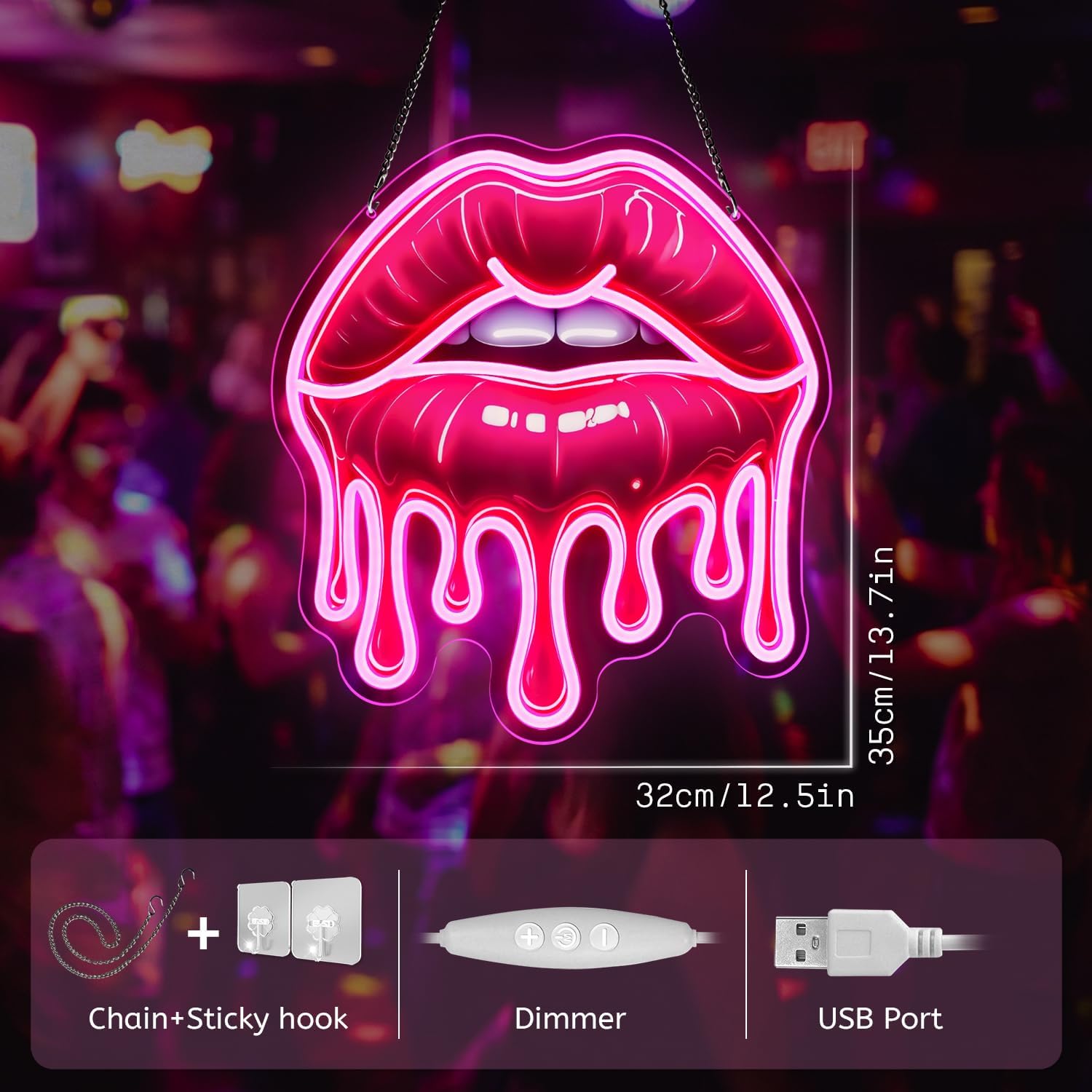 Dripping Lips Neon Sign for Wall Decor, Pink LED Lip Light for Bedroom, Game Room, Bar, Aesthetic Sexy Lip Artwork, USB Powered Dimmable Neon Wall Light - Image 3