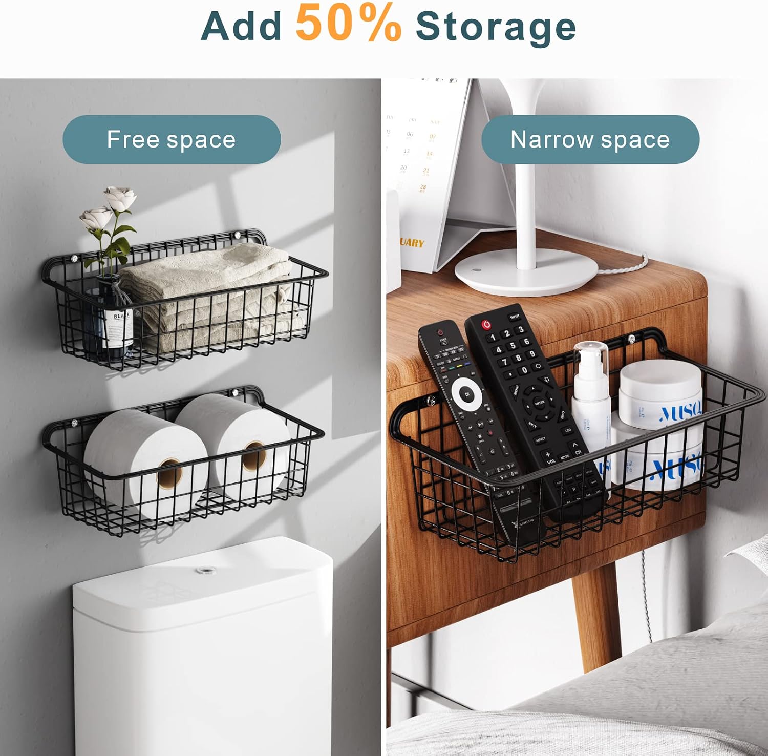 Wall Basket, Packism 4 Pack Small Bathroom Organizer Sturdy Durable Bathroom Storage Organizer Partition Storage Add Extra Storage for Bathroom Cabinet, Black