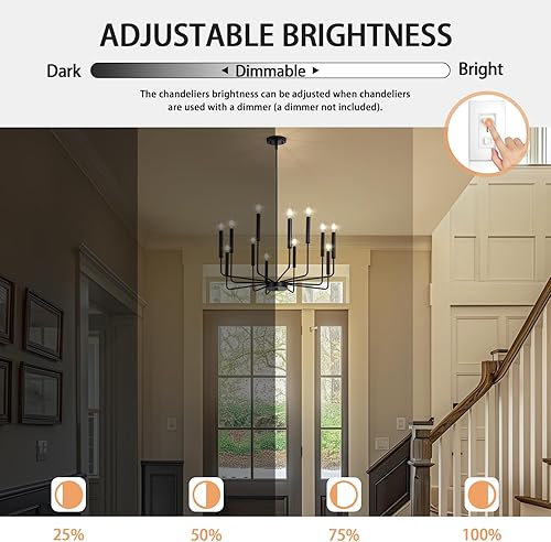 Miniatura 6 de Qamra Candelabro negro moderno de granja para comedor, lámpara de araña de 12 luces, candelabro colgante industrial rústico para sala de estar,