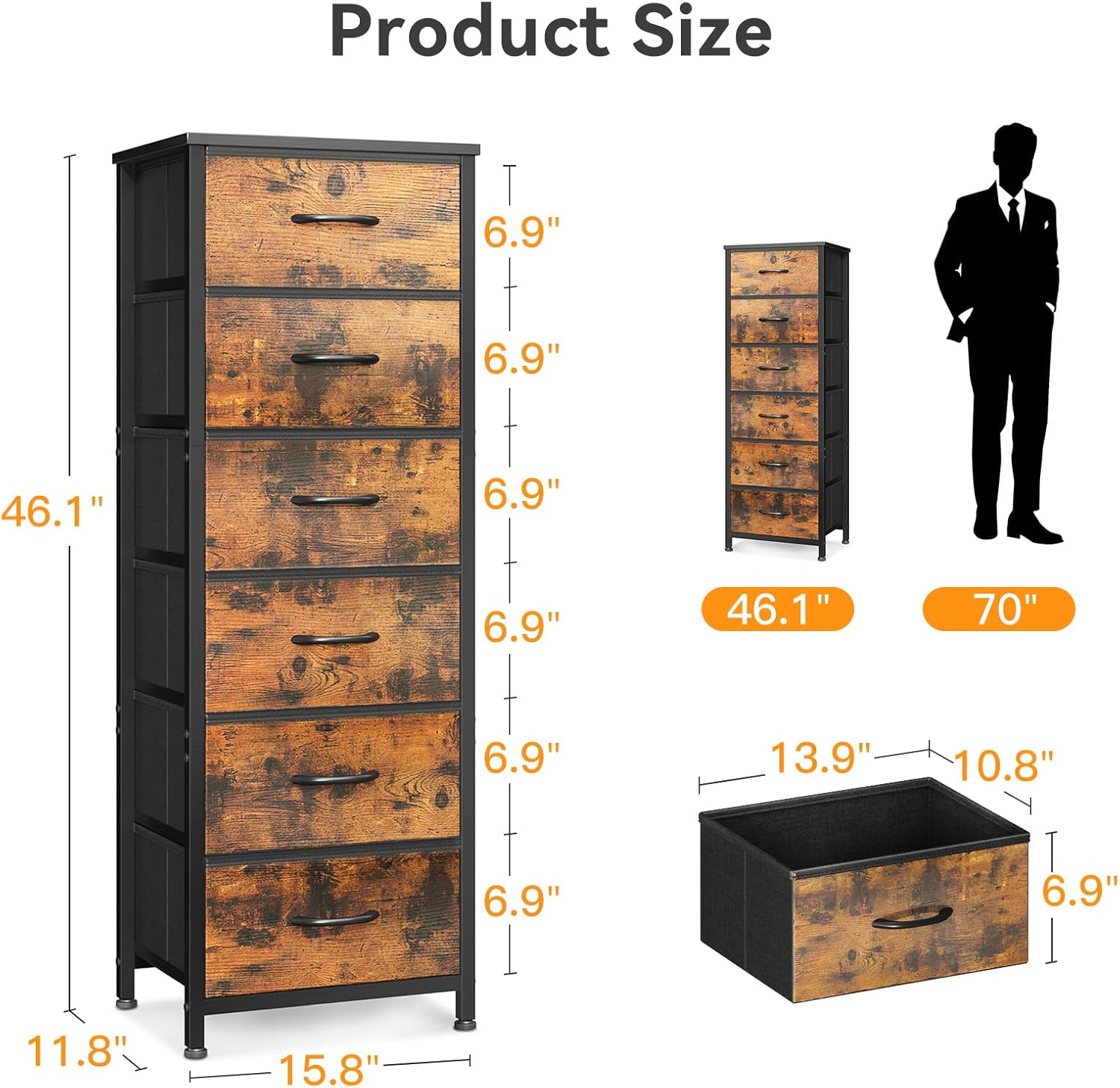 AODK Tall Dresser for Bedroom with 6 Fabric Drawers, Storage Dresser Organizer with Wood Top and Sturdy Steel Frames, Chest of Drawers for Closet, Living Room, Entryway, Hallway, Vintage