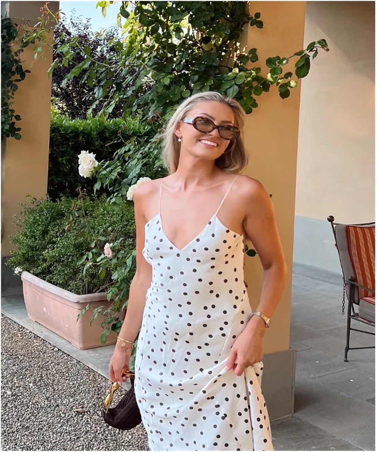 Suspender Dress Women Women Polka Dot Midi Slip Dress V-Neck Slimming Waist Cinching Suspender Long Dresses Elegant Backless