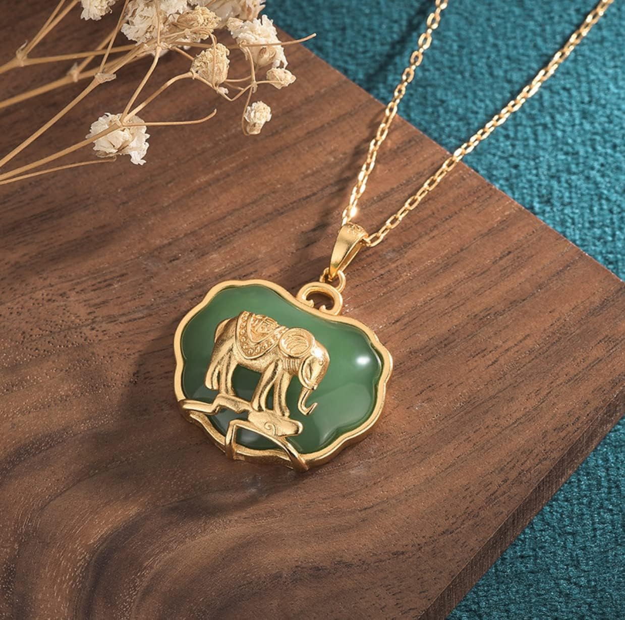 18" Jade Elephant Pendant Necklace Charm 18K Gold Plated Chain Retro Dainty Gemstone Gift For Women, Family, Anniversary, Her, Weddings, Birthdays, Wife, Mother, Mom (Gold) - Image 3