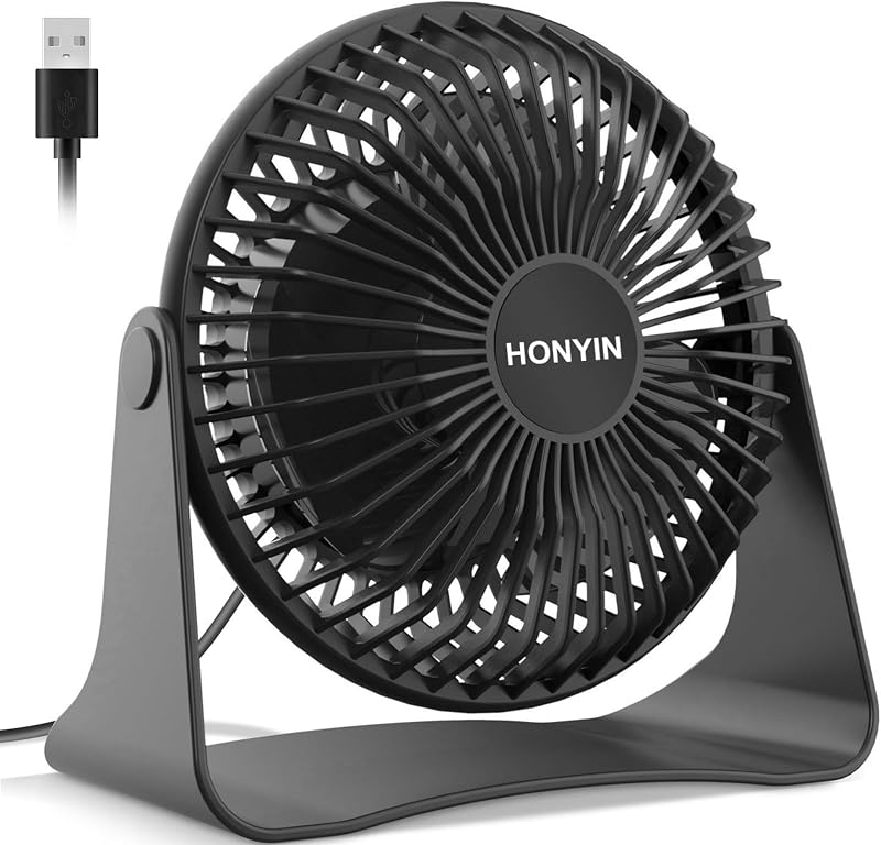 HONYIN Pequeño ventilador de escritorio USB, silencioso ventilador de mesa de escritorio alimentado por USB | Pequeño ventilador personal de viento fuerte, giratorio de 360°, 3 velocidades, para dormitorio, hogar y oficina