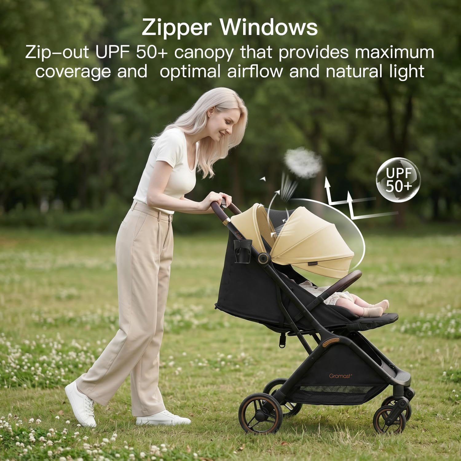Gromast Gravity Poussette de bébé pliable, Poussette de voyage portable pour nourrisson avec dossier réglable & pare-soleil, légère et protégée des UV, pliage automatique à une main, Beige