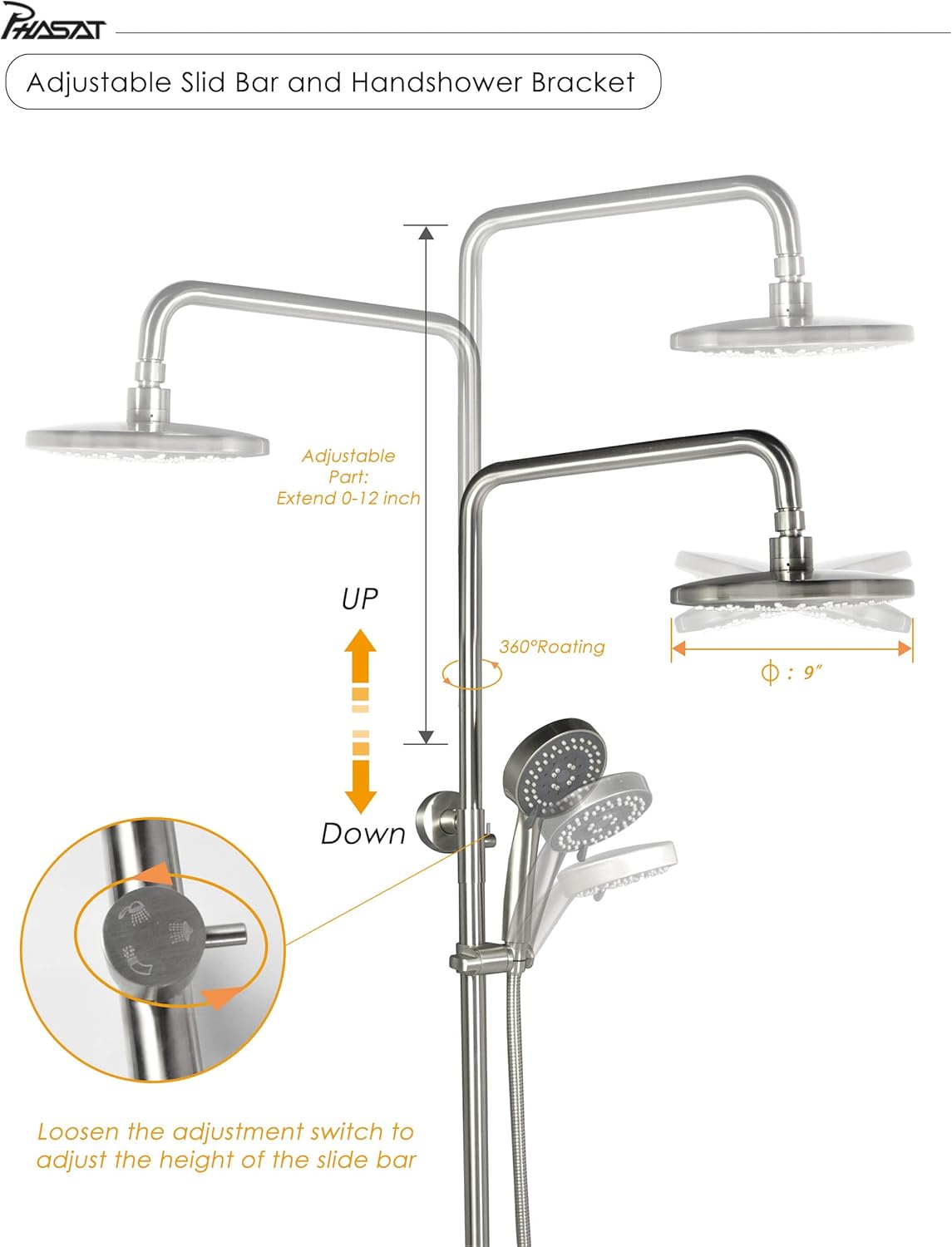 PHASAT Outdoor Shower Fixtures Brushed Nickel,Lead-Free SUS 304 Stainless Steel Bathroom Faucet Set,Wall Mounted Exposed Shower System,3-Function,CT8323N