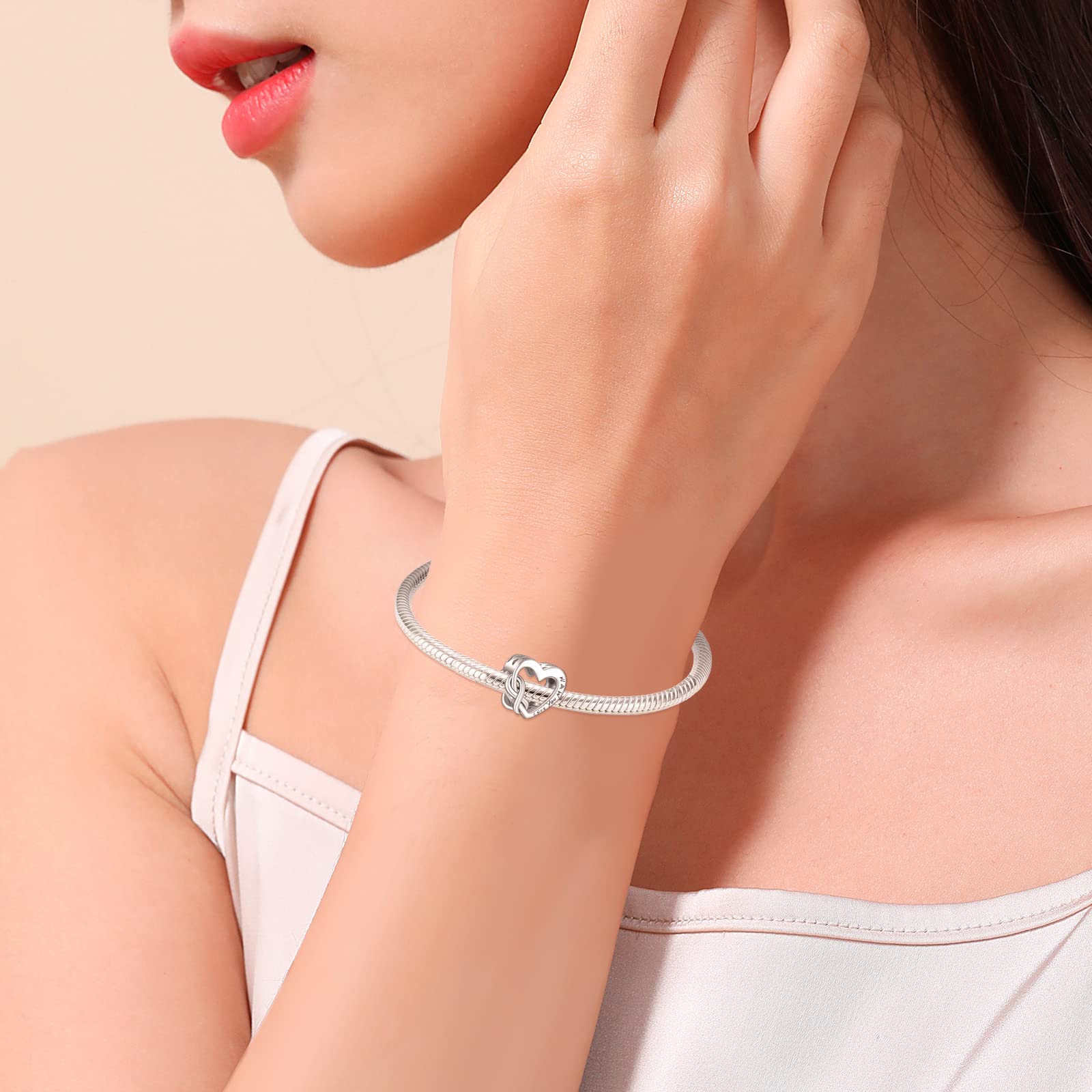 Annmors Love Heart Charm Donna argento Ciondolo a forma di, in argento Sterling 925, compatibile con braccialetti e collane europei