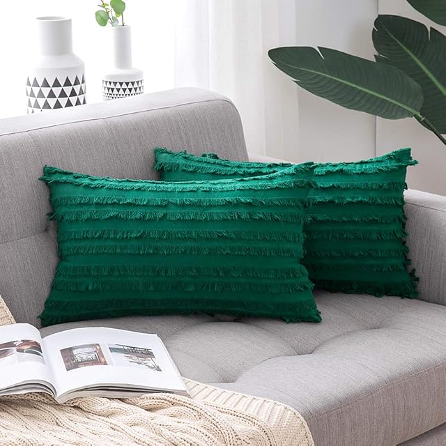 MIULEE Set of 2 Decorative Boho Throw Pillow Covers Linen Striped Jacquard Pattern Cushion Covers for Spring Sofa Couch Living Room Bedroom 12x20 Inch Green