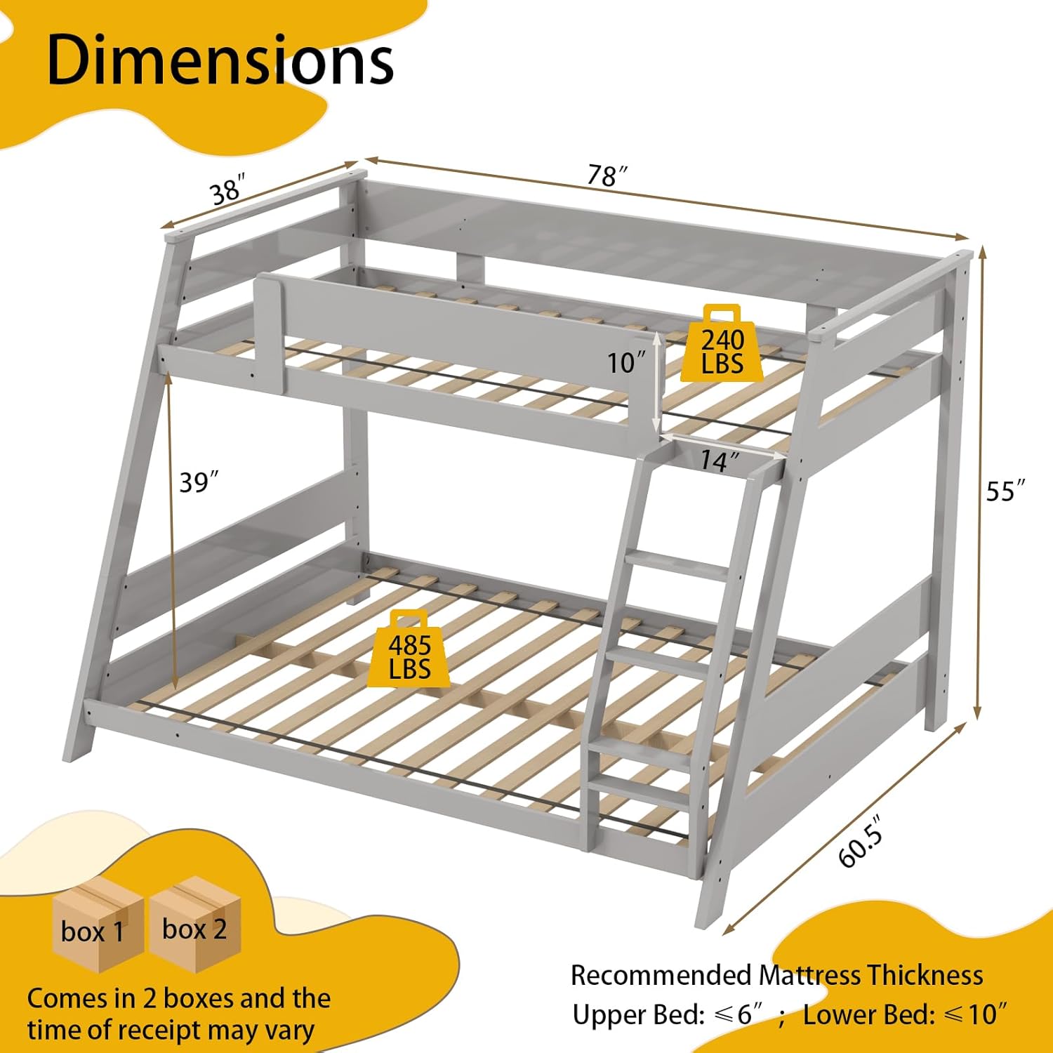 Bunk Beds Twin Over Full Size, Convertible Solid Wood Bunk Bed Frame with Detachable Ladder & Guardrails, Low Floor Bunkbed for Kids, Teens, Girls, Boys, No Box Spring Needed (Grey)