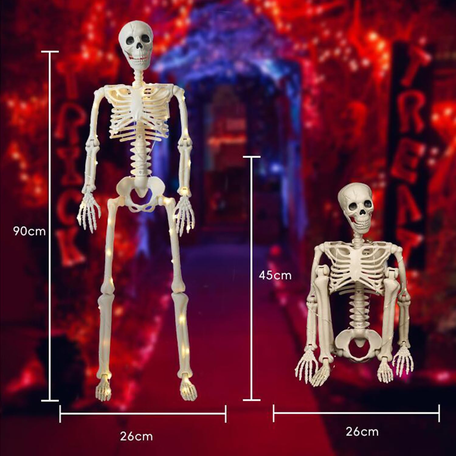 Esqueleto De 90cm con Luz Led Decoración De Halloween, Puede Estar De Pie O Sentarse Estatua De Esqueleto Al Aire Libre Patio Fantasma Casa Decoración De Terror