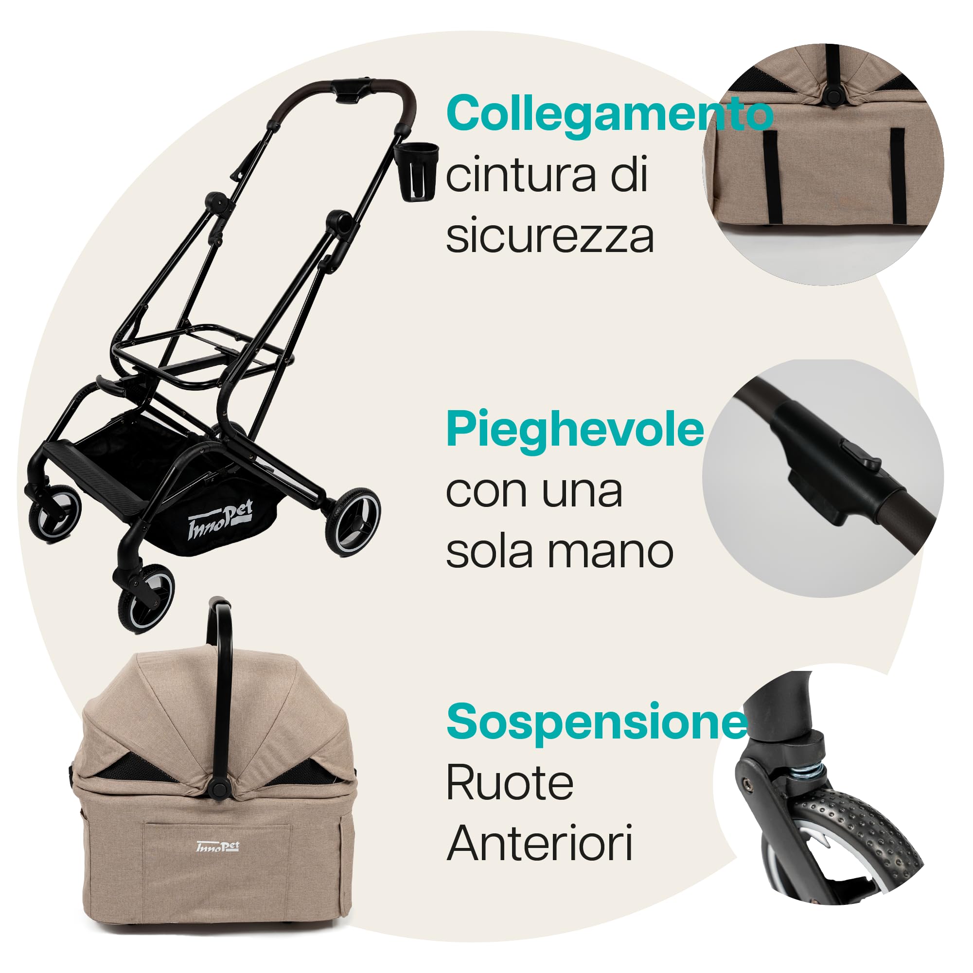 Passeggino compatto per animali Innopet Nomad - Passeggino pieghevole e leggero per cani e gatti fino a 20 kg - Trasportino per animali, seggiolino auto e passeggino 3in1