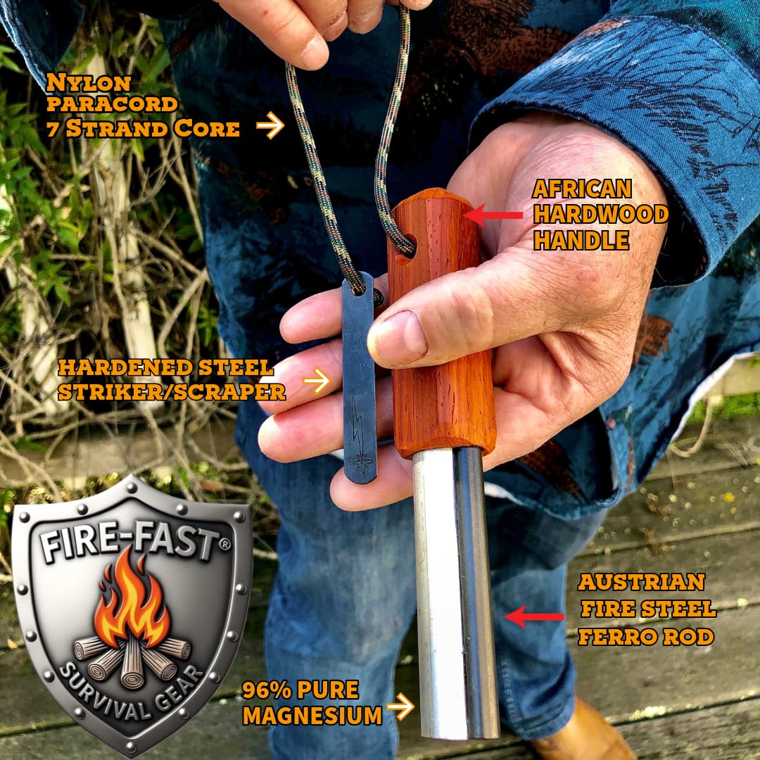 Trekker de Fuego Rápido. El mejor iniciador de fuego de supervivencia impermeable de emergencia. Magnesio y Euro Fire Steel Ferro Rod. Herramienta compacta y duradera para buhcraft, camping, mochileros, senderismo, caza o bolsa de insectos.