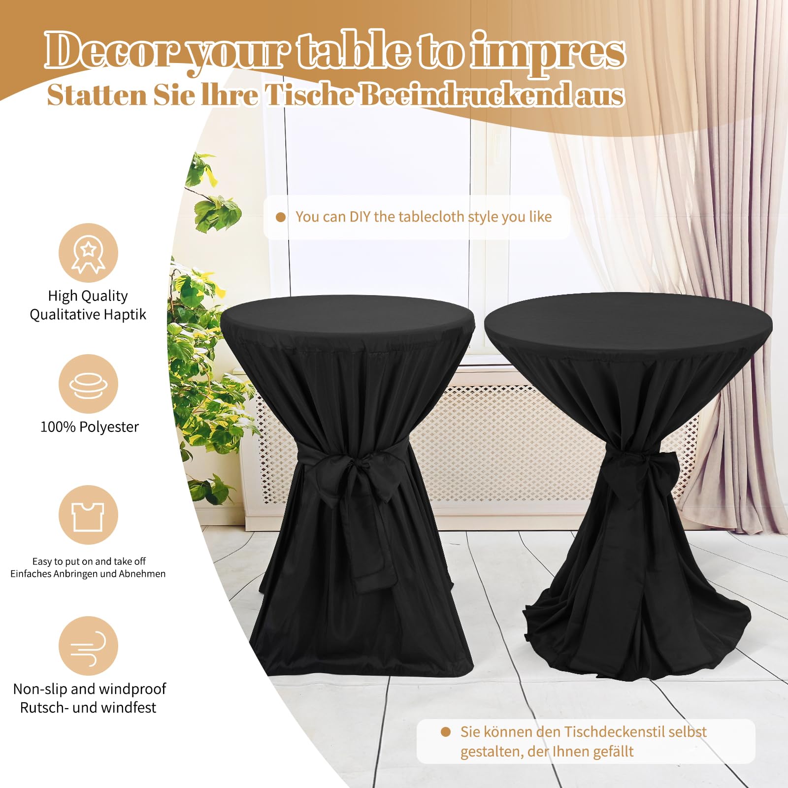 Pesonlook Lot de 3 Noir Spandex nappes Extensibles de 6 Pieds, lavables