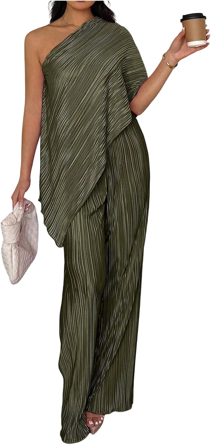 Floerns Women's 2 Piece Outfit Textured Off The Shoulder T Shirts and Long Pants Set