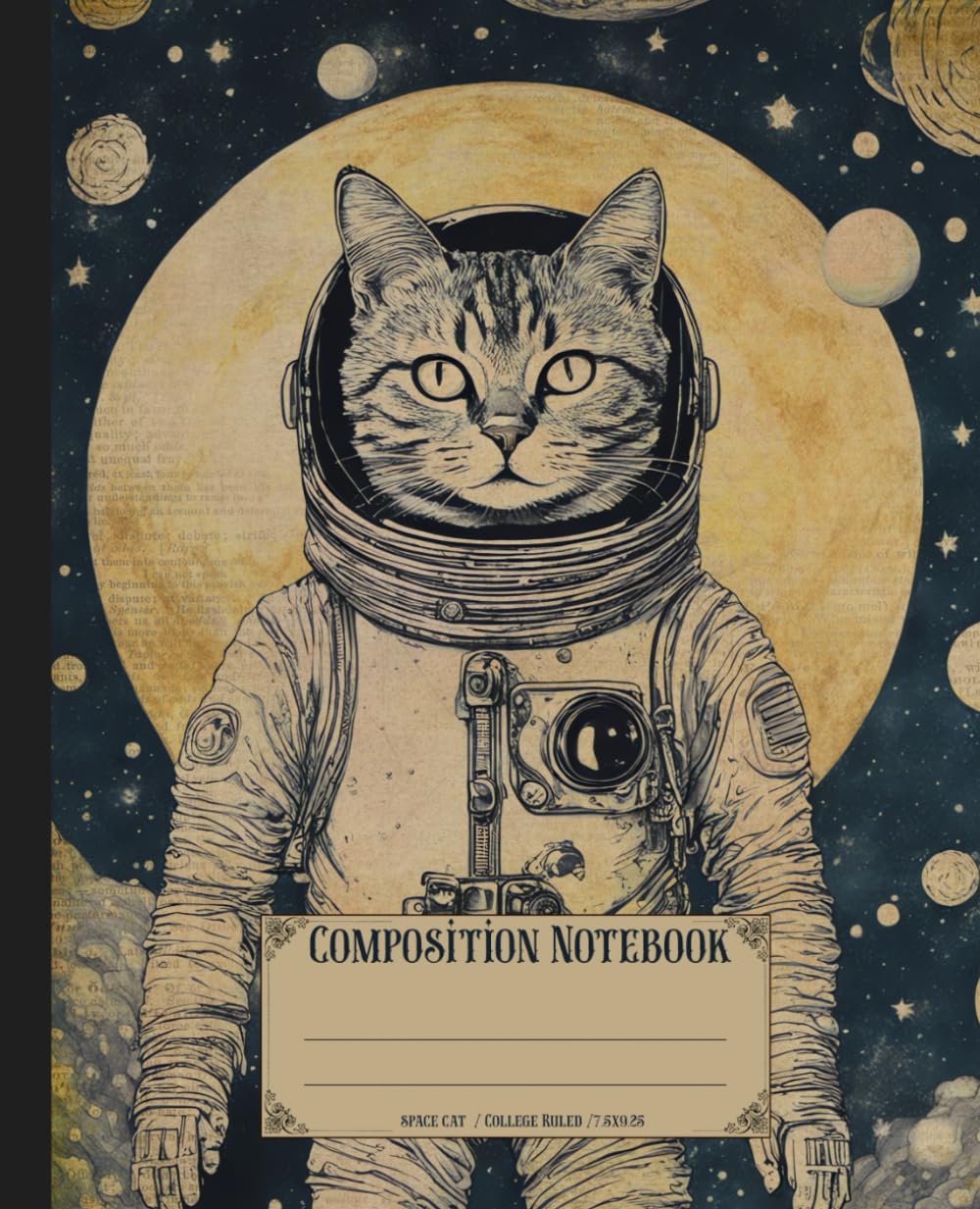 Composition notebook. Space cat: stars cosmic theme feline cover. Aesthetic journal for school or college