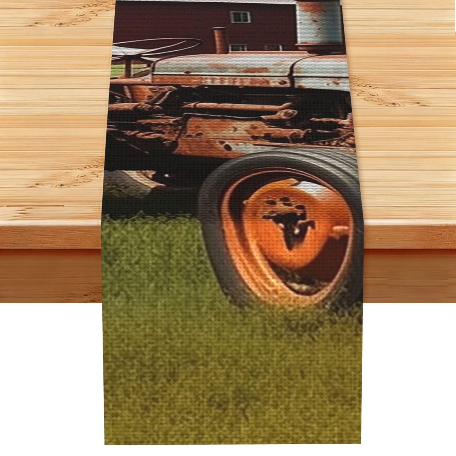 Company Farm Tractor Table Runner 13 x 72 Inches Long, Cotton Linen Table Runners for Kitchen Dining Table Decoration - Washable Tablecloth Modern Tablerunner for Home Party Decor