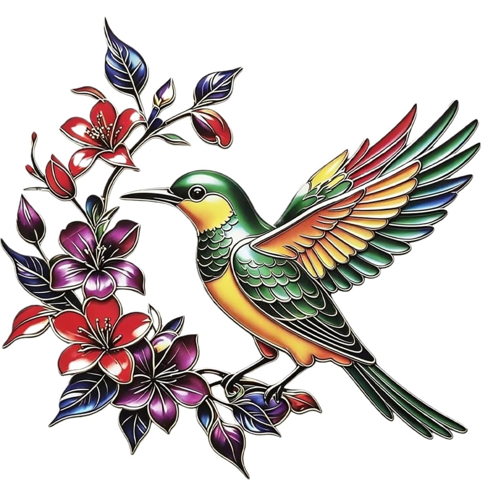 ANQKYO Hummingbird Bloom Metal Wall Art Colorful Bloom Hummingbird Metal Wall Art With Flower Garden Sign, Decoration, 2D Floral Bird Iron Hanging Decor(Green)