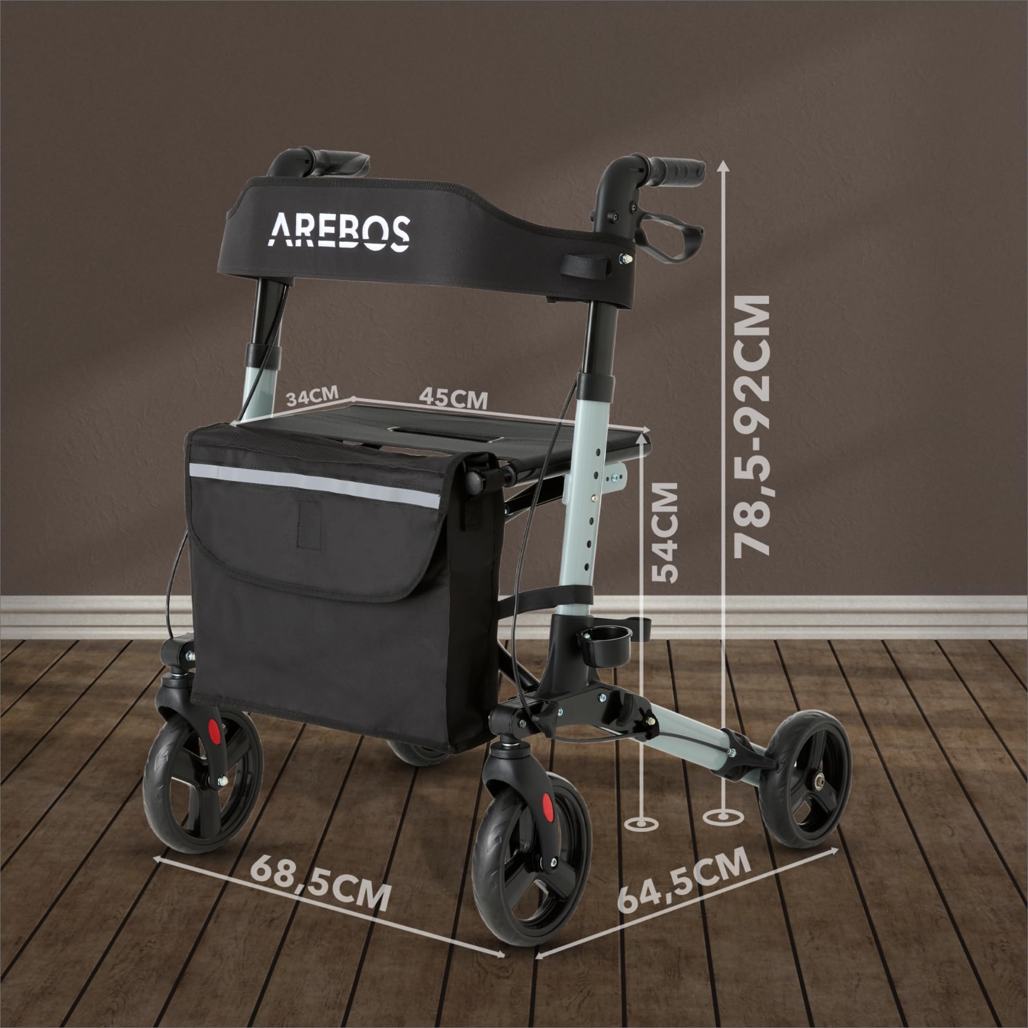 Arebos Leichtgewicht Rollator Aluminium | Reiserollator 6-fach höhenverstellbar | Faltbar | Inkl.Stockhalter und abnehmbare Einkaufstasche | Gehwagen Laufhilfe Gehhilfe mit Feststellfunktion | Schwarz