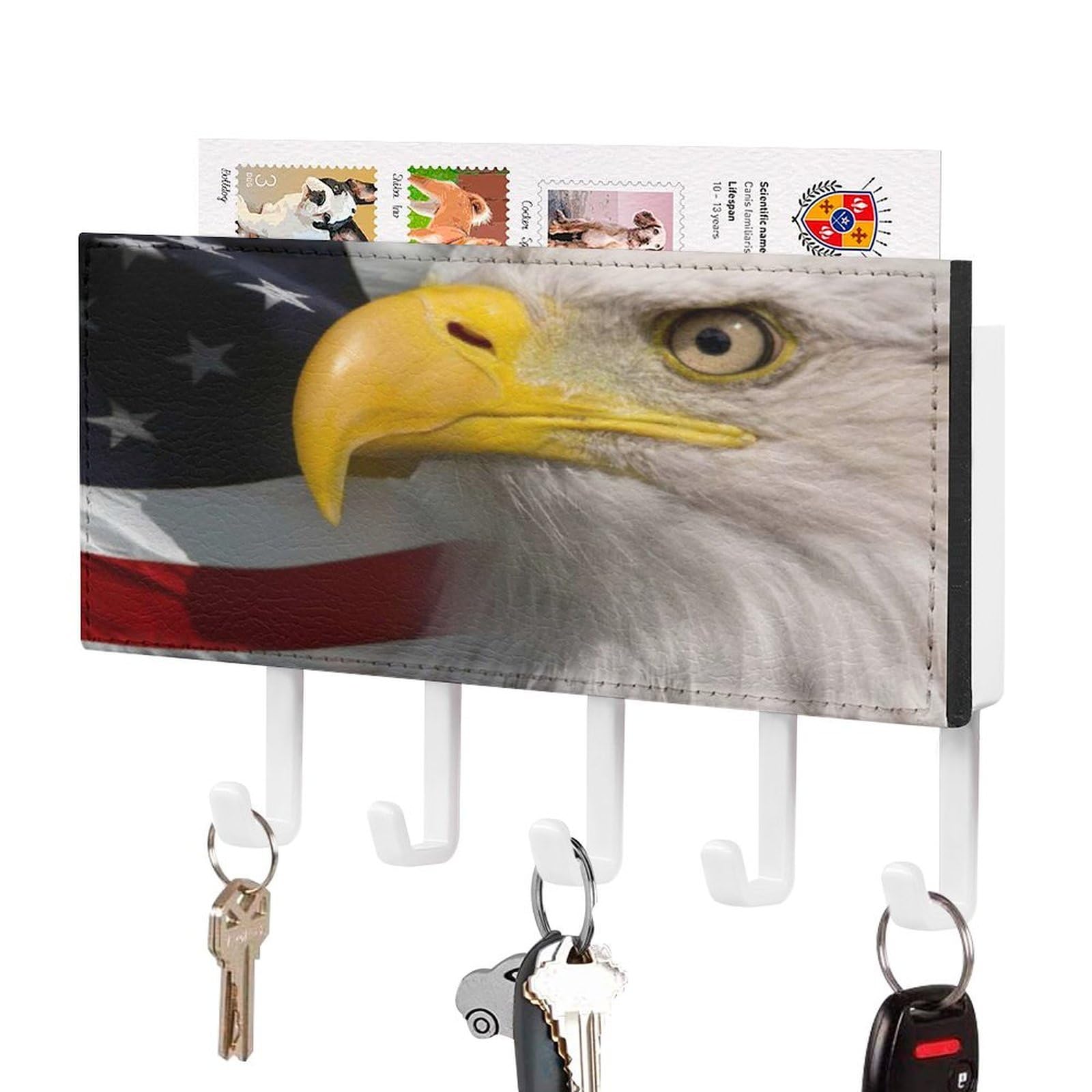 NCLQVJXZKHW Bald Ea-gles and Am-ericans-Flag Key Holder with 5 Hooks Key Hooks Wall Mounted Key Racks Key Hanger Organiser Shelf