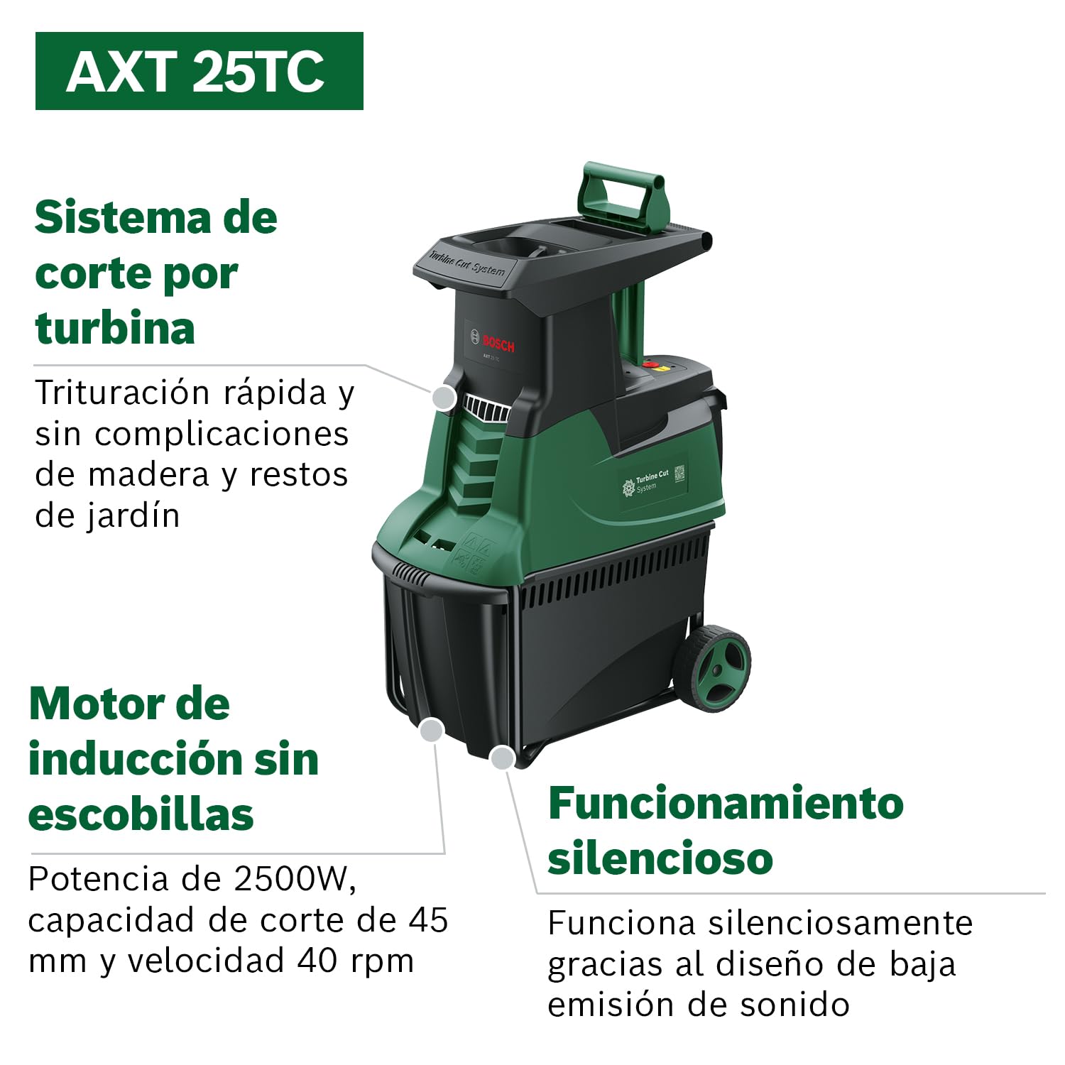 Bosch desmenuzadora de jardín con turbina AXT 25 TC (2500 W; apta para madera y residuos duros de jardín; caja de recogida integrada de 53 L)