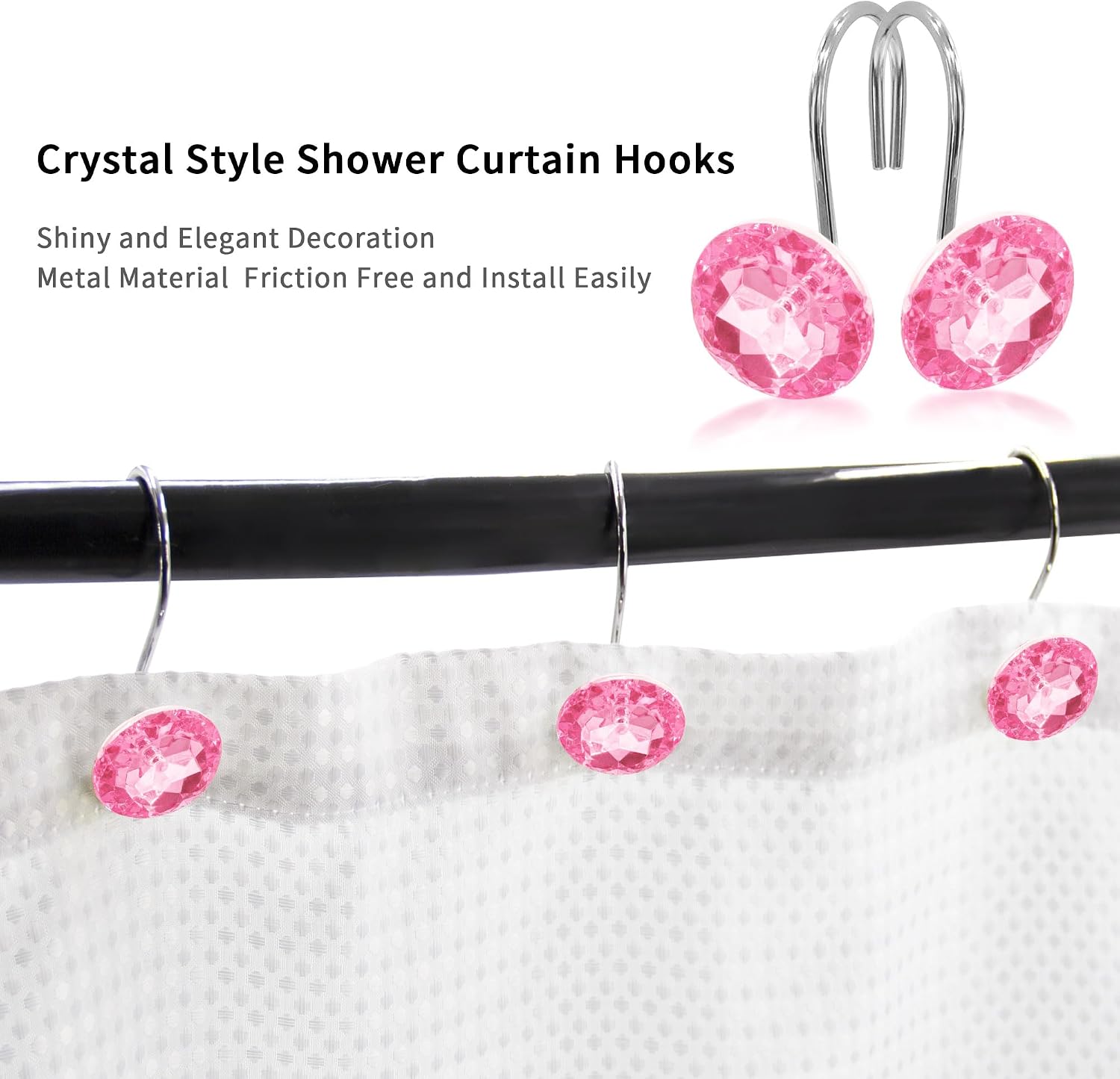Pink Diamond Crystal Bling Shower Curtain Hooks Rings for Bathroom,12PCS