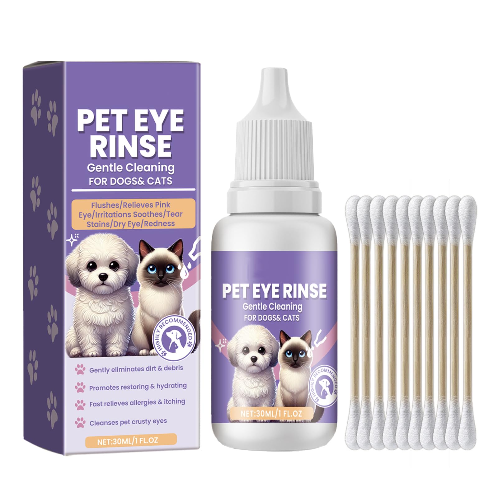 Azonee Gentle Eye Wash for Pets with 10 Cotton Swabs, Natural Formula to Gently Clean Eye Dirt for Cats & Dogs, Safe & Effective Pet Care Solution (30ml)