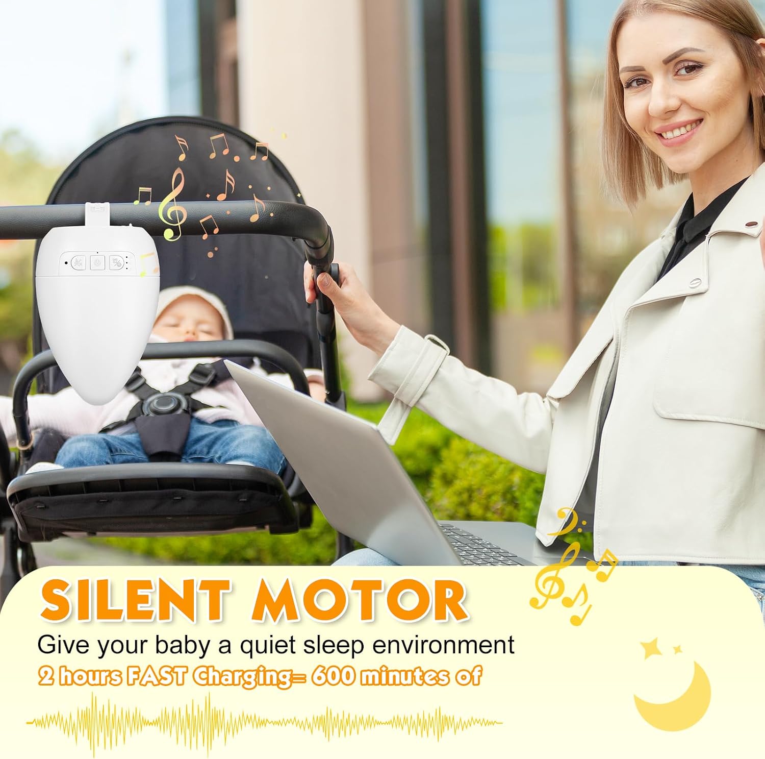 Rechargeable Pram Rocker with Soothing Music and Vibration,with Cry Activated Sensor & Minute Timer, Adjustable Rocking Motions & Volume, Hands-Free Portable Rocker Sleep Aid - Suitable for Newborns