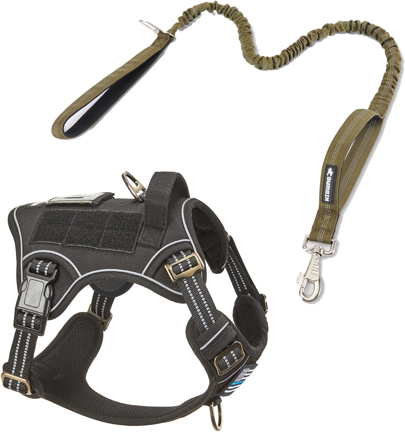 BUMBIN Dog Harness for Large Dogs No Pull, Tactical Dog Harness, with Handle, Adjustable Dog Vest Harness, 6Ft Bungee Dog Leash Large Dogs, No Pull Shock Absorbing Dog Leash with Car Seat Belt