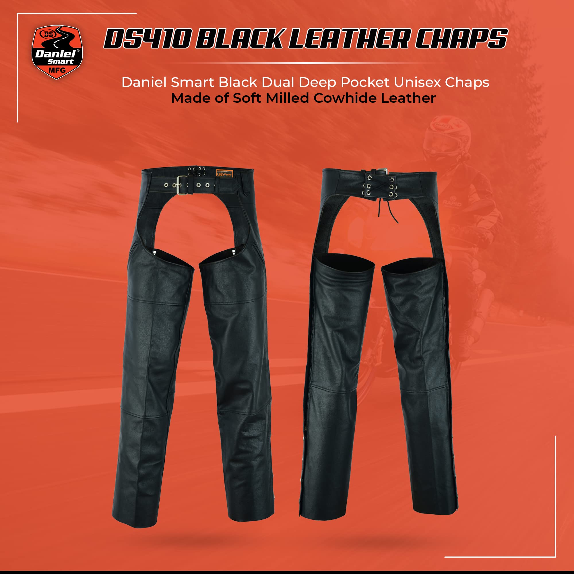 Daniel Smart Motorcycle Leather Chaps – All Season Unisex Biker Pant with Customizable fit and Carry Pockets (3X-Large) Black