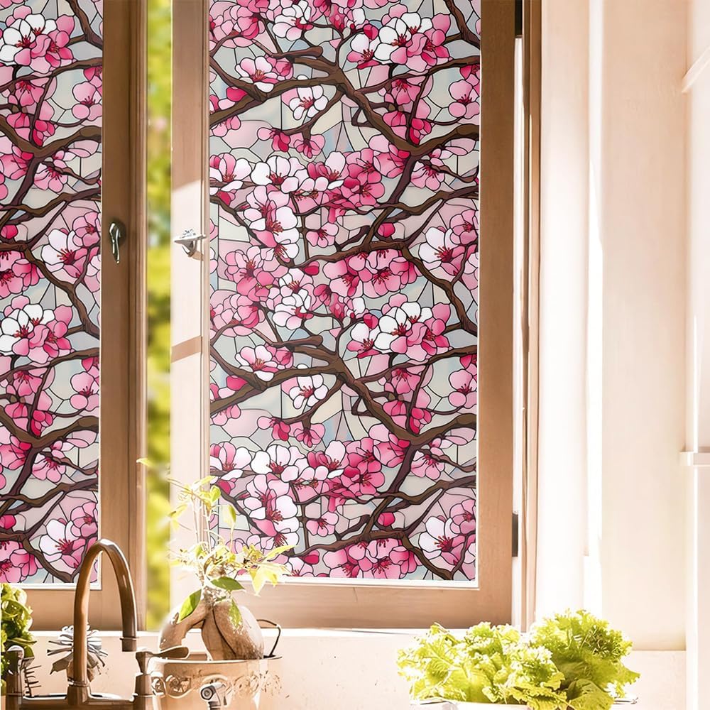 Pink Cherry Flower White Vintage Stained Glass Window Films Decorative Double-Side Privacy Film Self-Adhesive Static Clings for Living Room Bathroom Glass Windows Decor