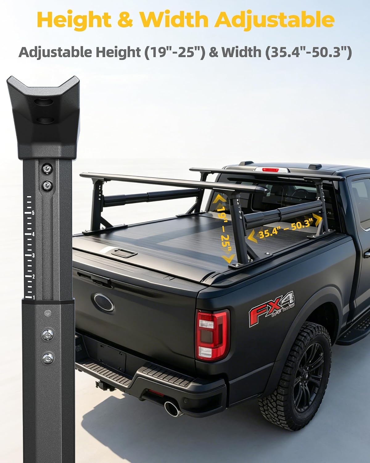 Heavy Duty Lightweight Aluminum Truck Ladder Rack, 1500 LBS Capacity, Compatible with Tonneau Cover & T-Slot Rails, 19"-25" Height Adjustable, Bed Rack with Side Bars Fits Tacoma Gladiator